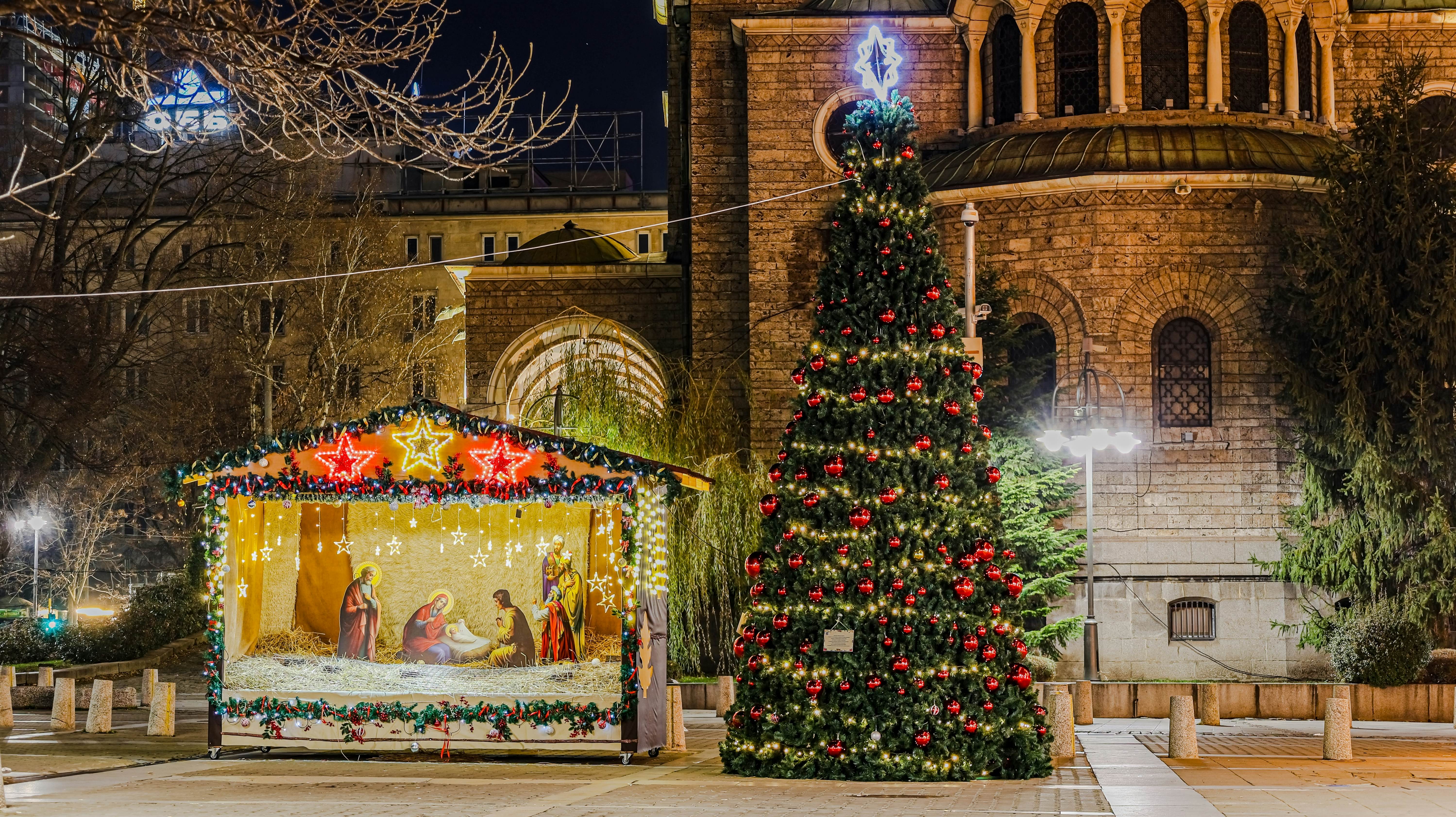 Christmas lights and a nativity scene in central Sofia, Bulgaria.