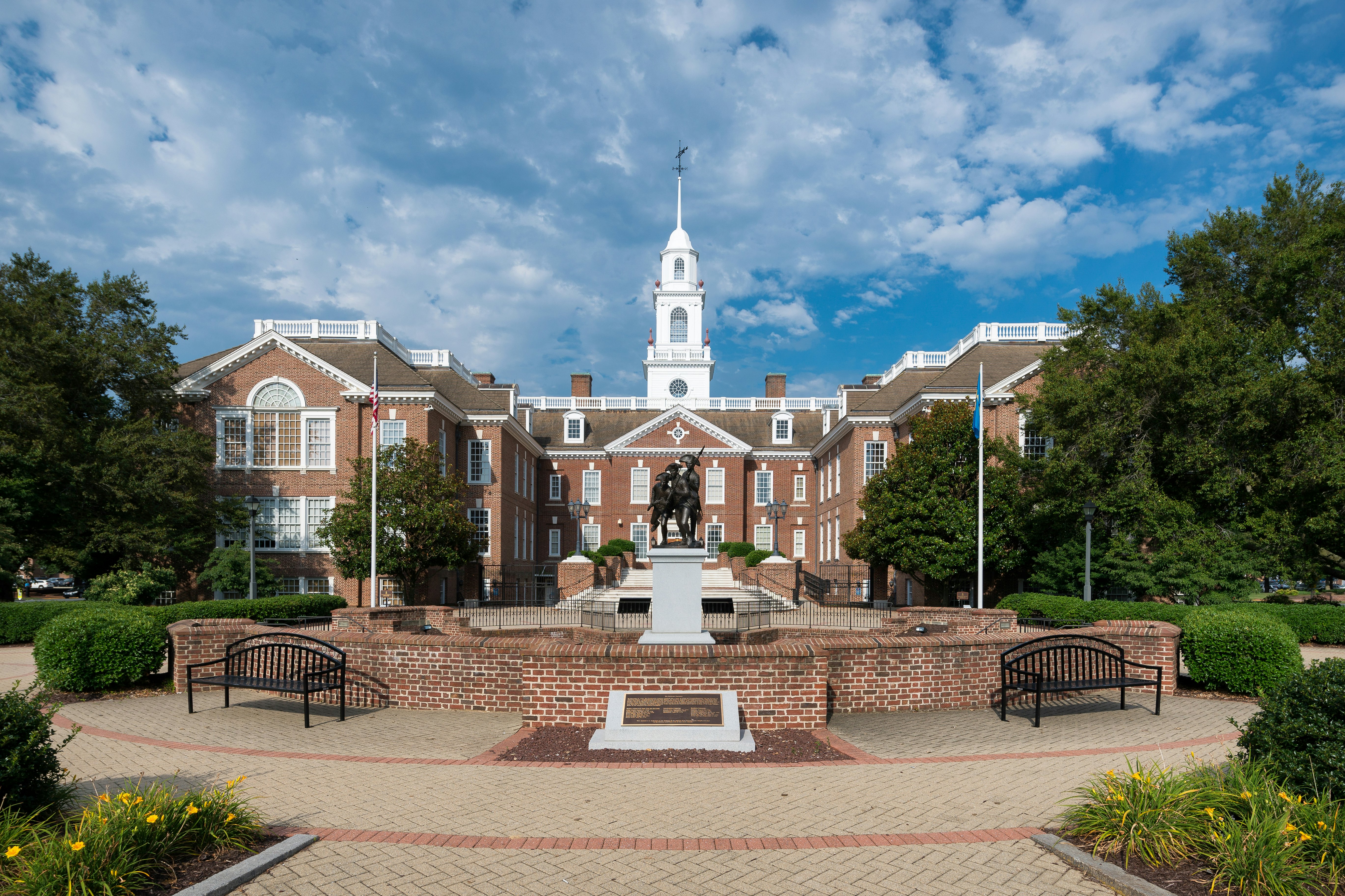 Statues in front of the Legislative Hall in Dover, Delaware.