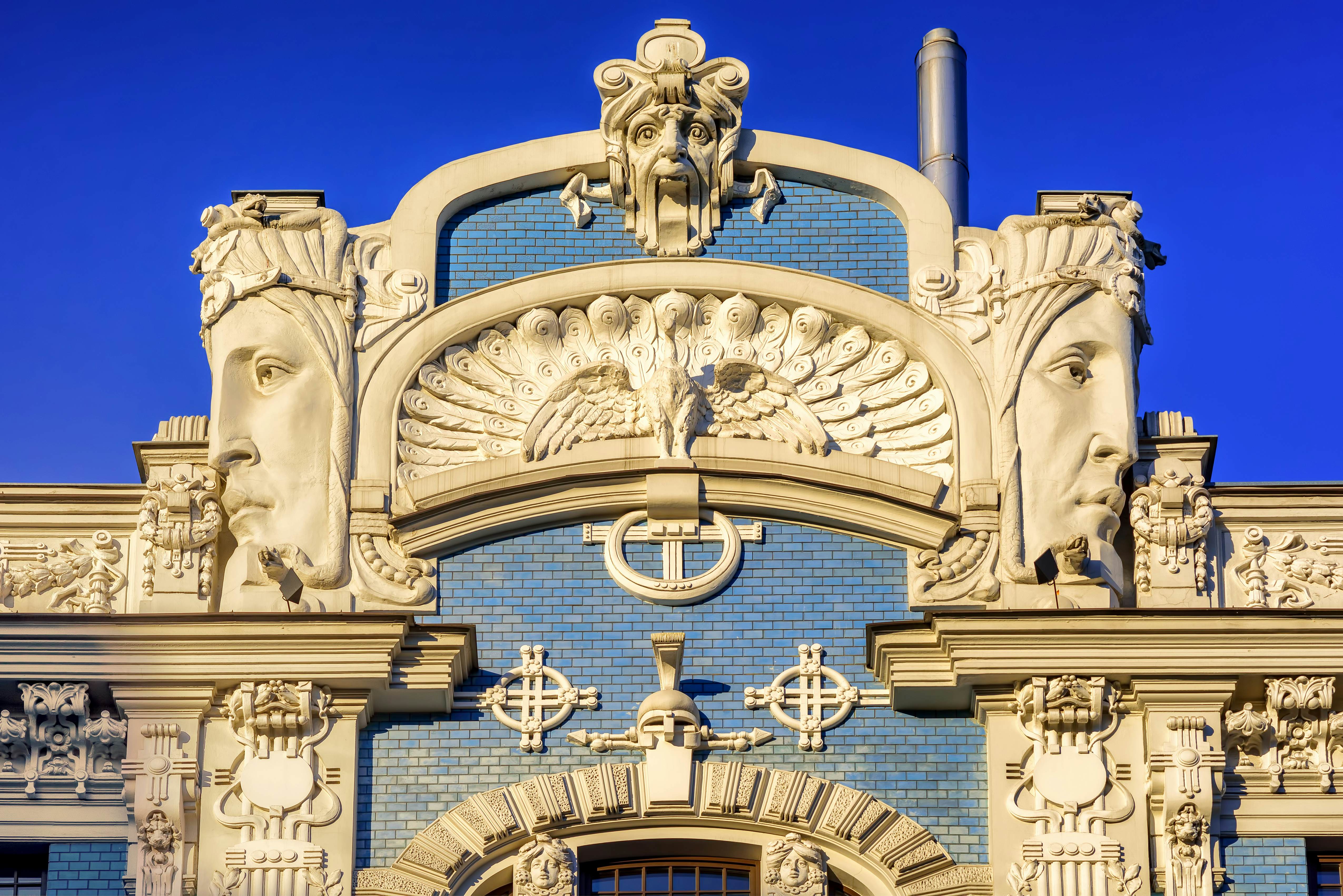 Detail of an art nouveau (Jugendstil) building in the historic town center of Riga, Latvia.