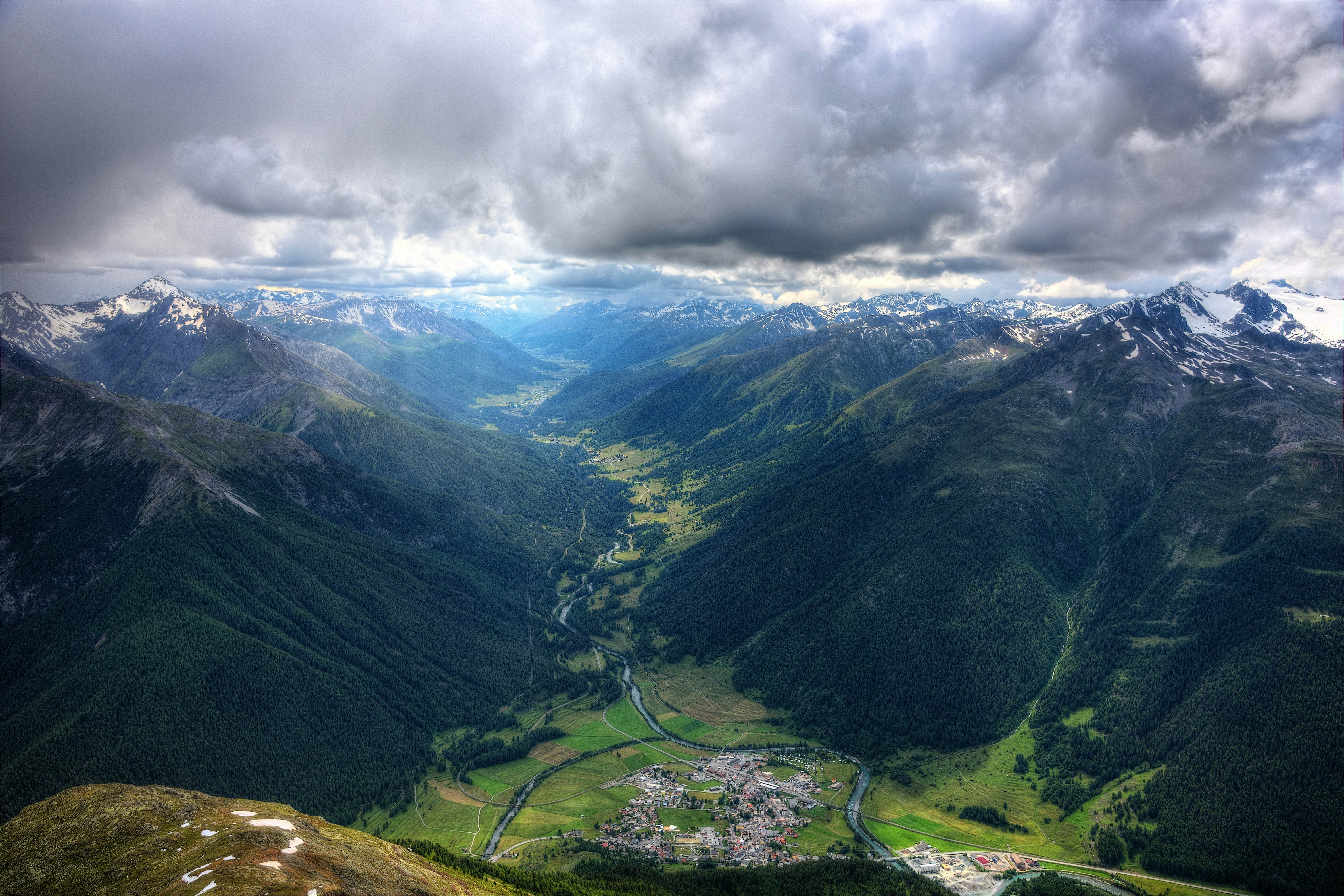 Aerial of the town of Zernez, as seen from Macun.