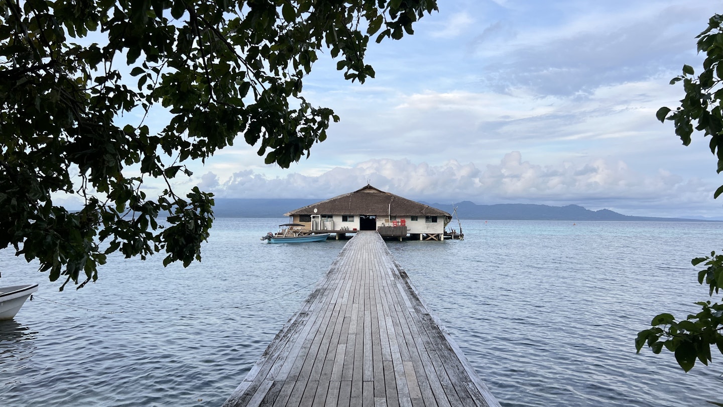 Western Province, Solomon Islands. October 2024. The overwater restaurant at Fatboys Resort, near Gizo.