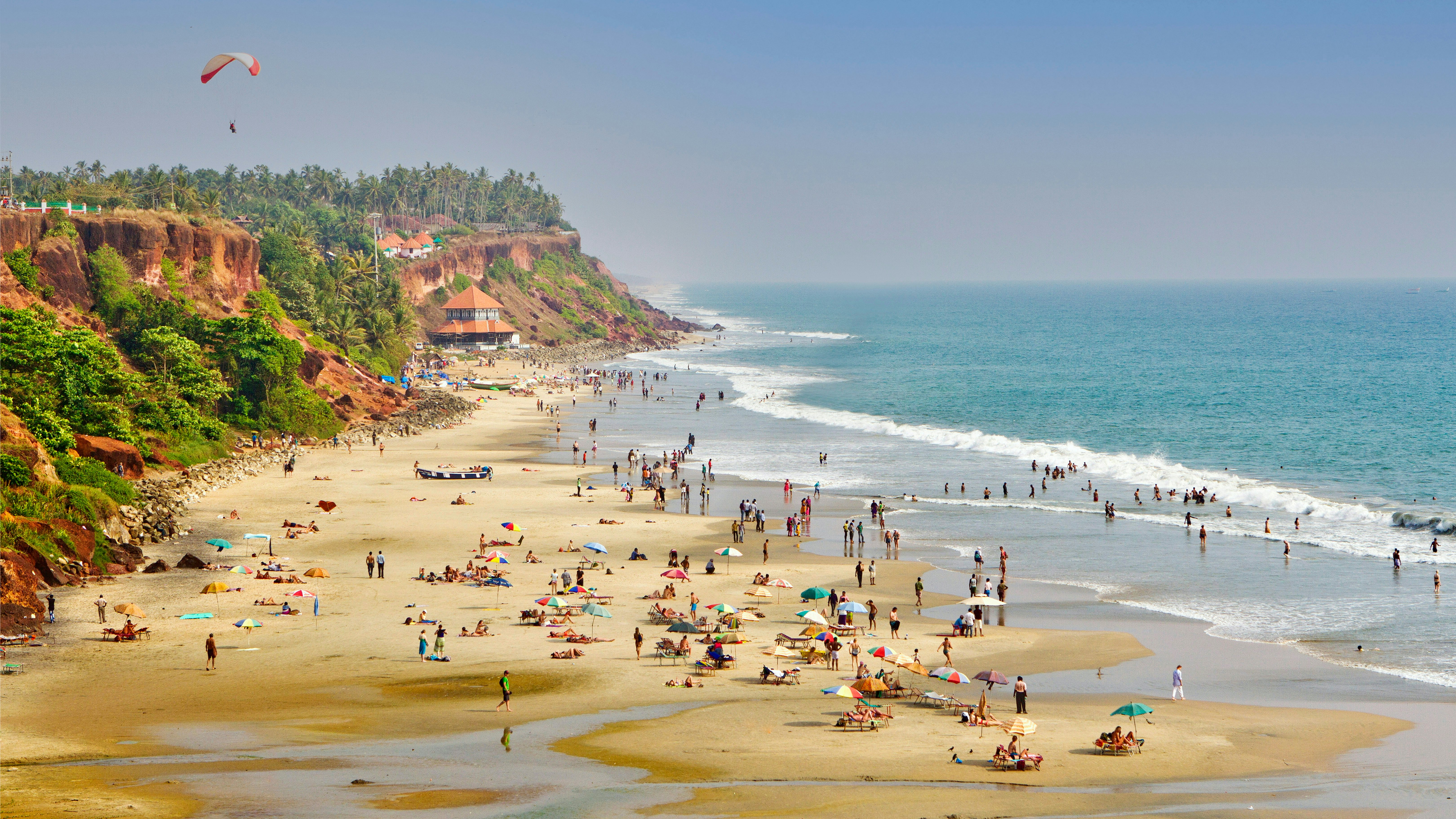 Red cliffs along the coastline at Varkala, Kerala.