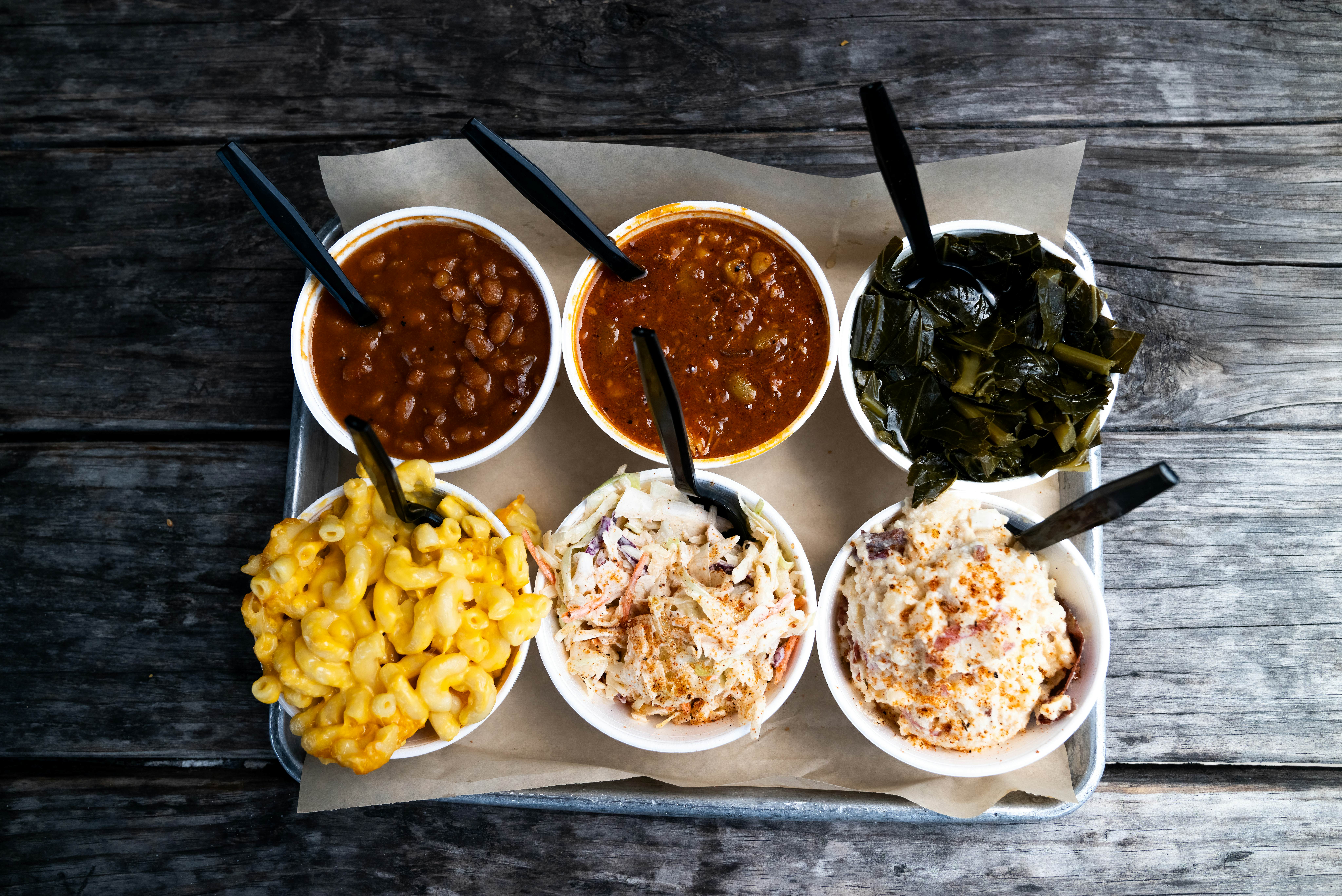Beans, Brunswick Stew, Collard Greens, Mac n Cheese, Slaw, Potato Salad from Southern Soul BBQ, St. Simon's Island 