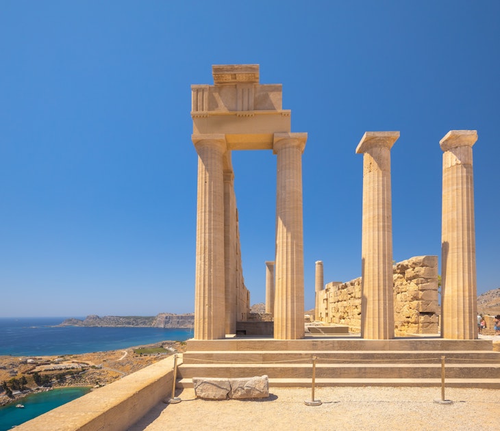 Acropolis of Lindos, the ruins of the Temple of Athena Lindia, Rhodes island, Greece, Europe., License Type: media, Download Time: 2025-04-08T14:08:44.000Z, User: sashabrady26, Editorial: false, purchase_order: 65050 - Digital Destinations and Articles, job: Lonely Planet, client: First-time guide to Rhodes, other: Sasha Brady