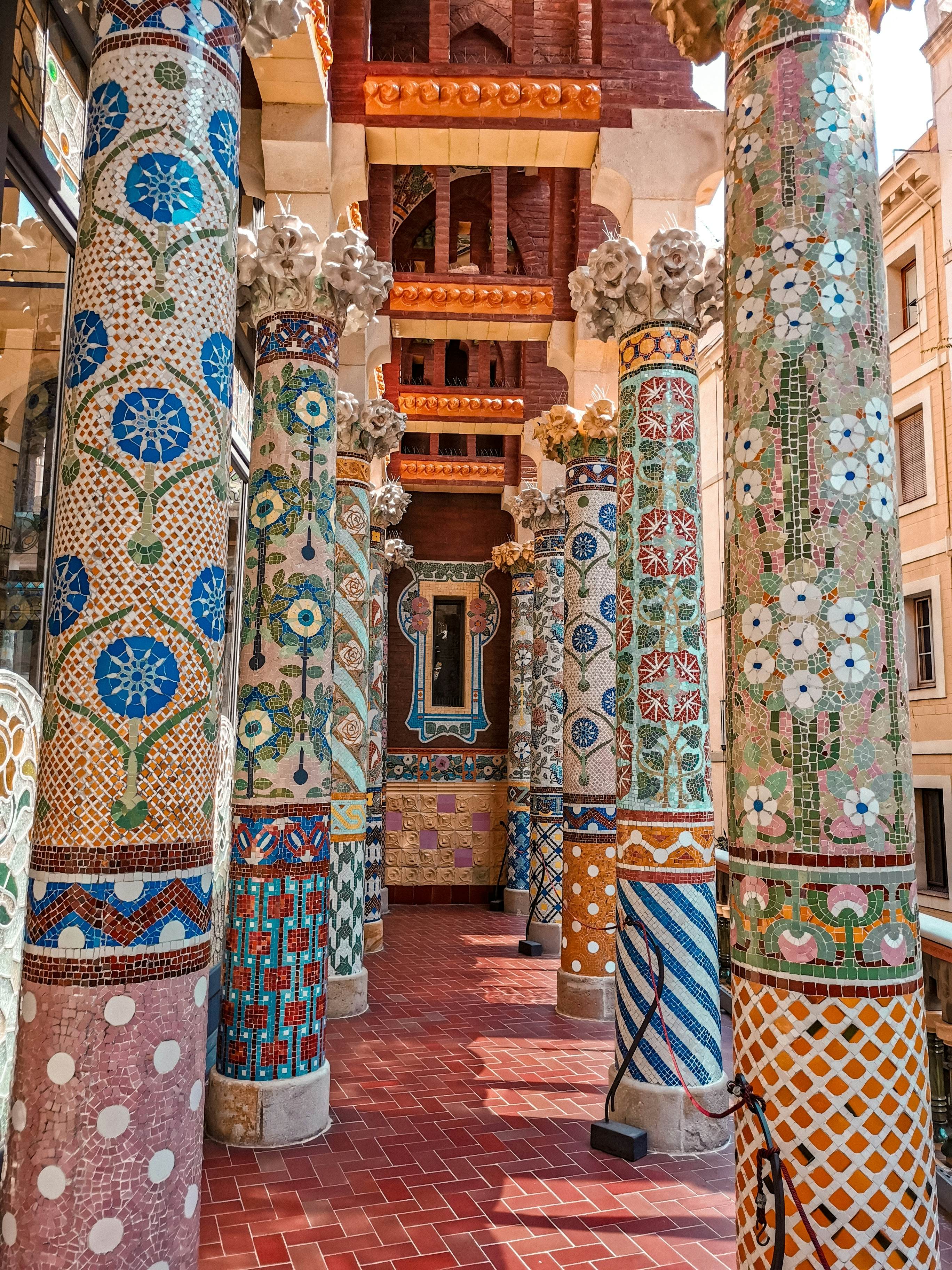 Colorfully decorated pillars at a theater in Barcelona, Spain.