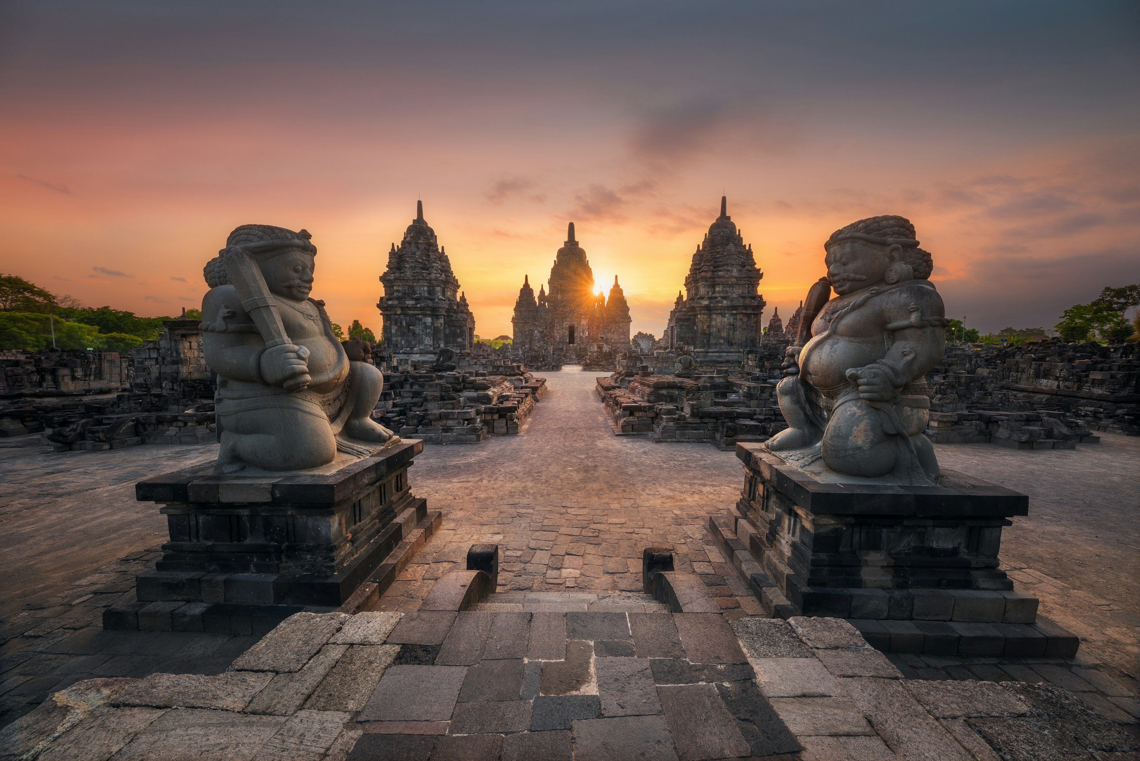 The ancient Sewu temple (Candi Sewu) at sunset in Yogyakarta, Indonesia.