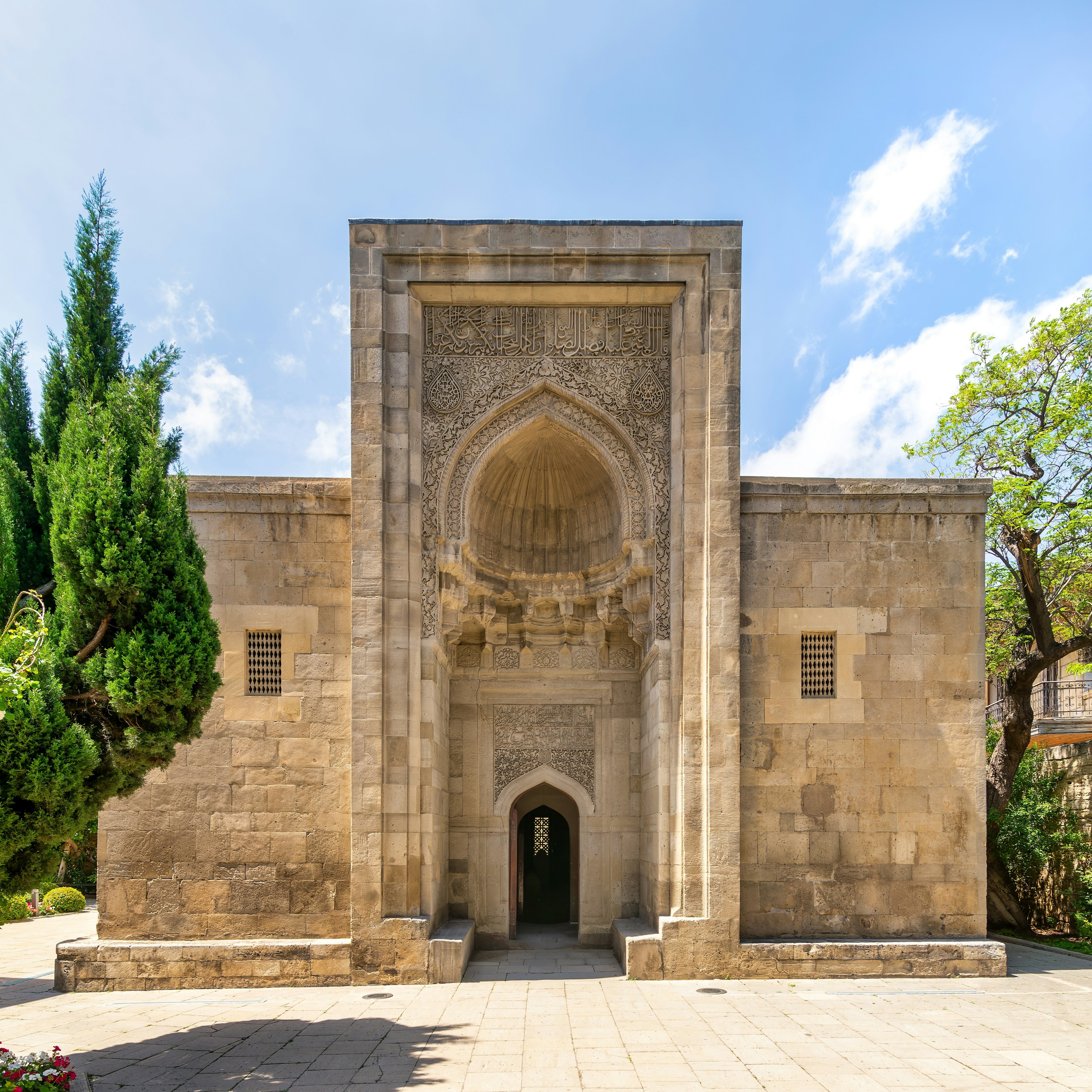 The stone walls of the mausoleum in the Palace of the Shirvanshahs complex, Baku, Azerbaijan.