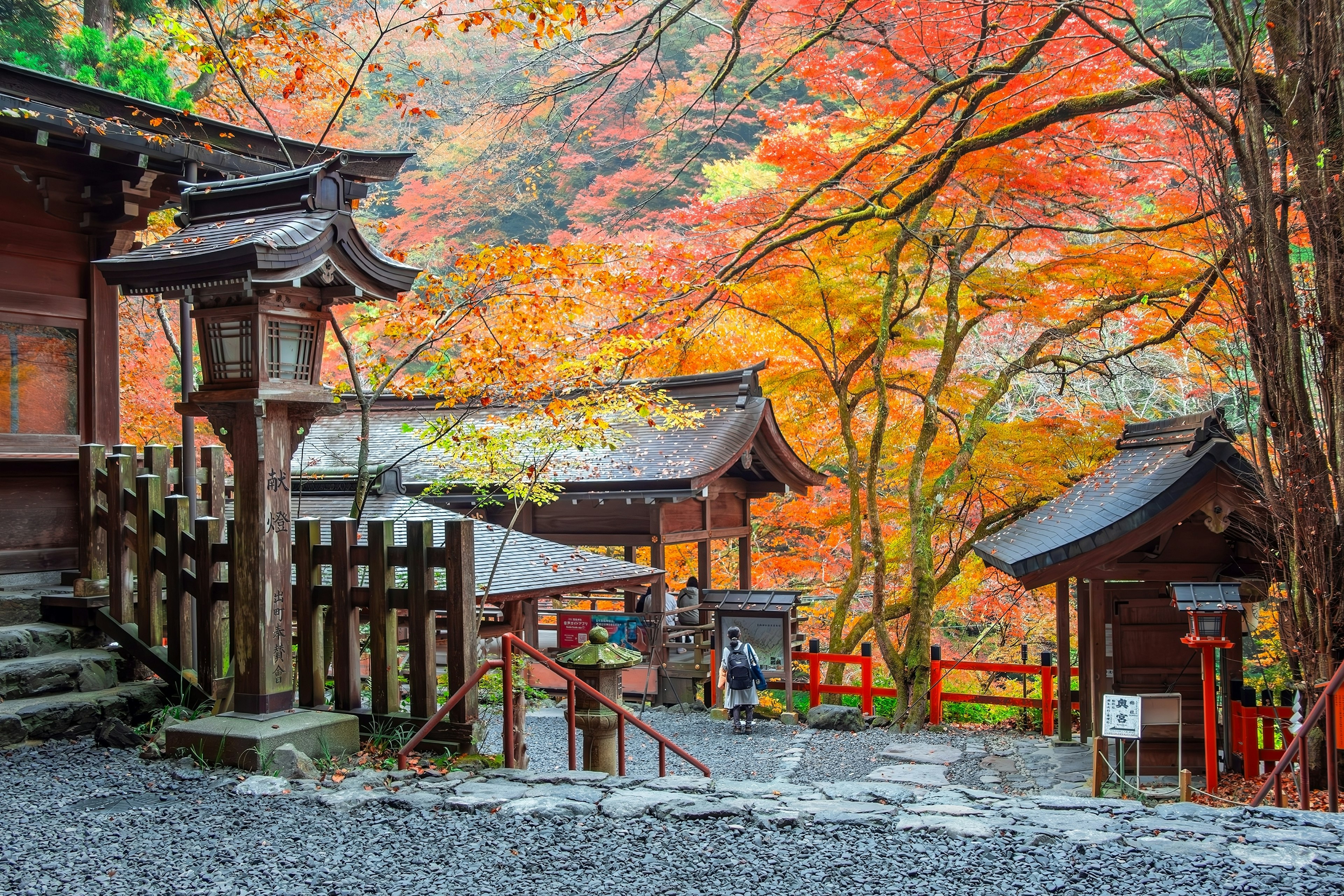wooden Japanese structures with stone steps, a red fence and orange and red trees