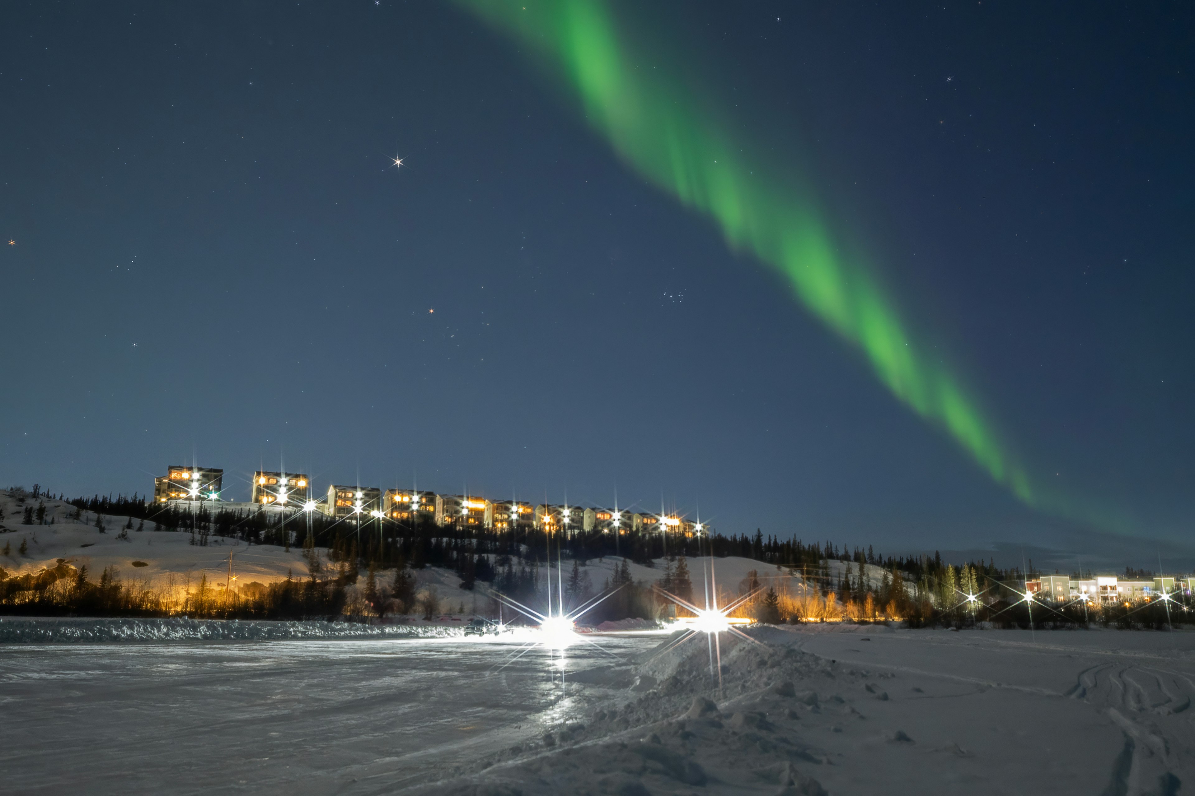 The spectacular Northern Lights (Aurora Borealis) in winter over Yellowknife, Northwest Territories, Canada.