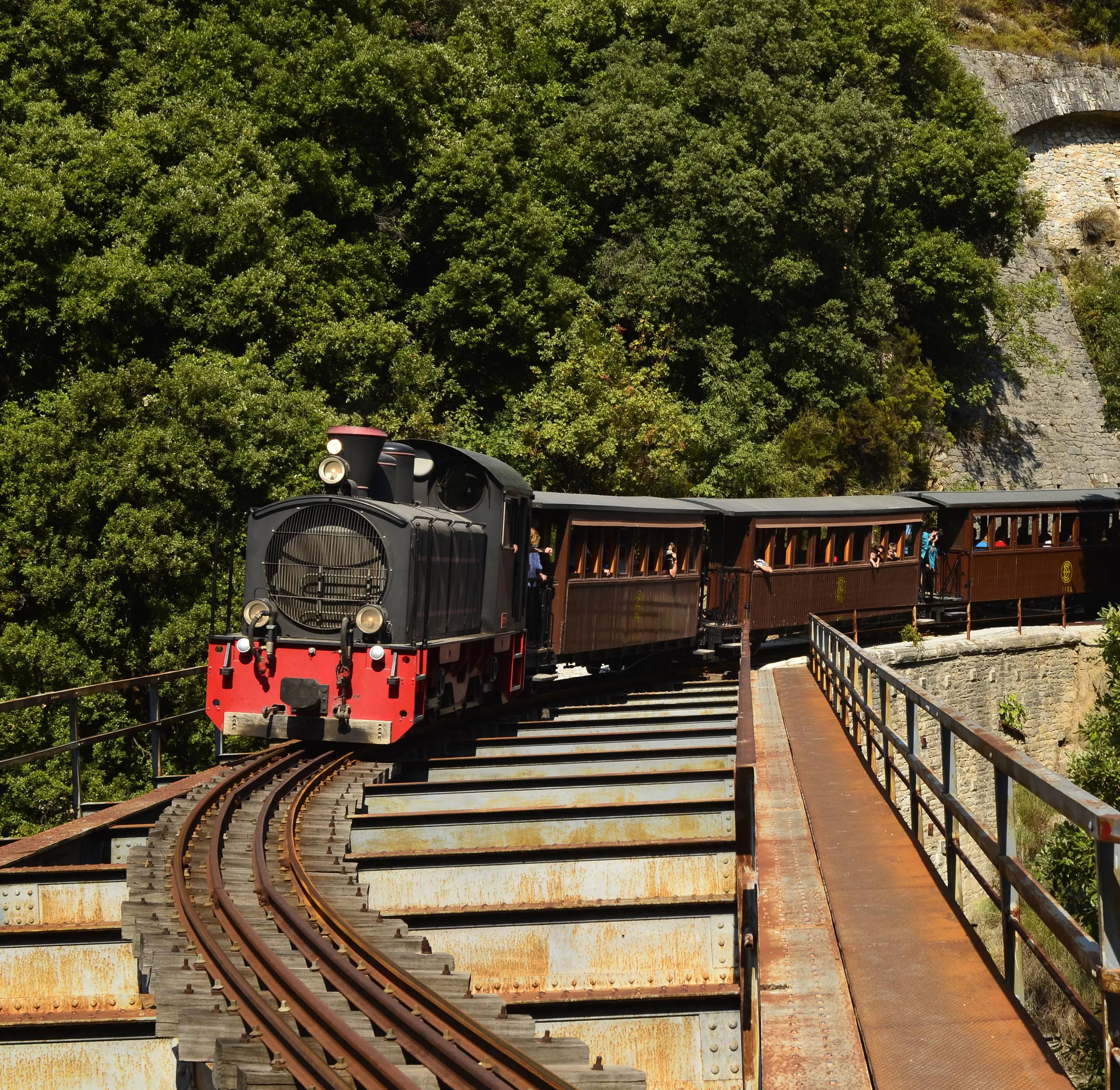 A vintage train rides through lush forest.