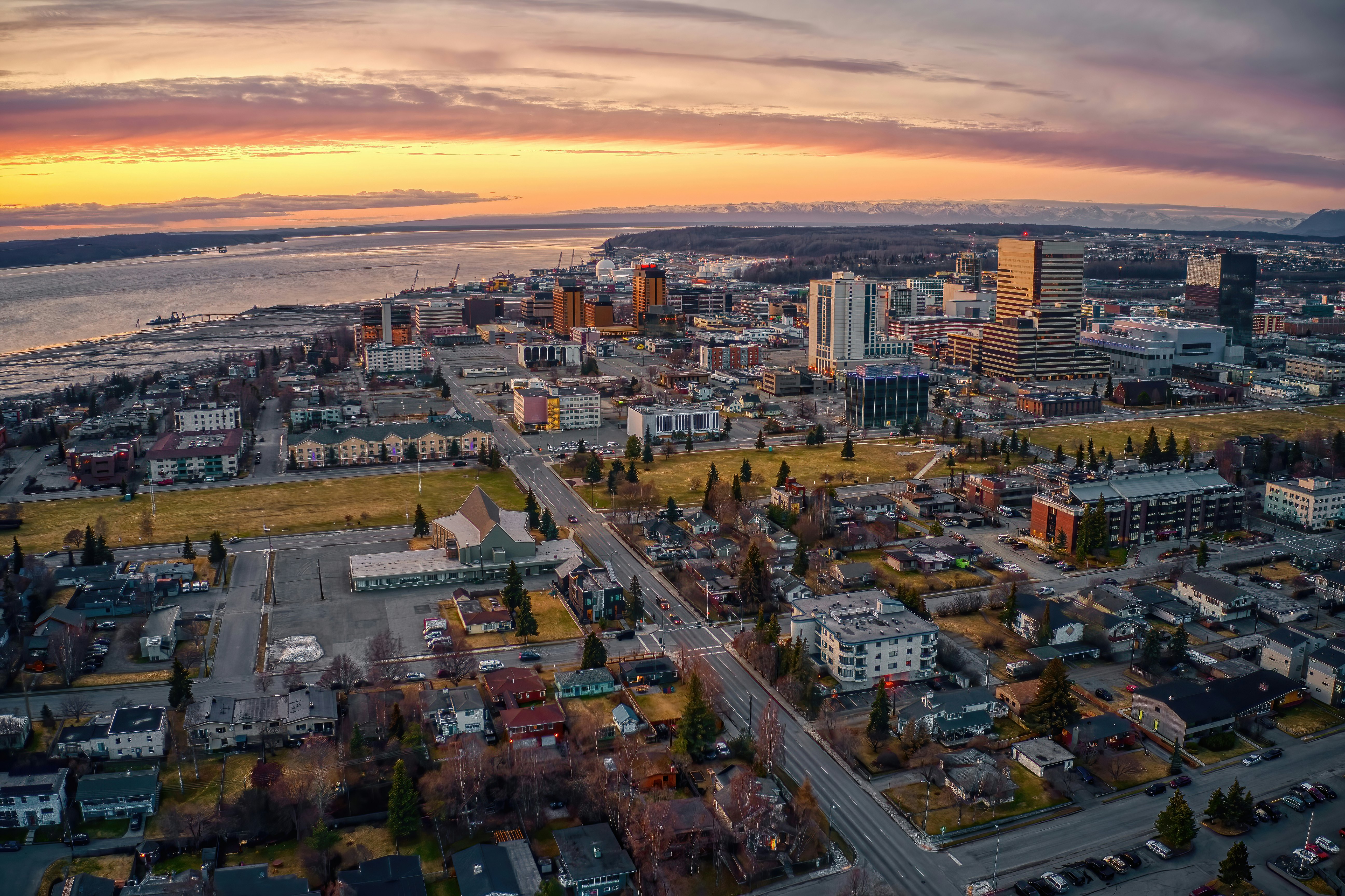 Aerial View of a Sunset over Downtown Anchorage, Alaska in Spring