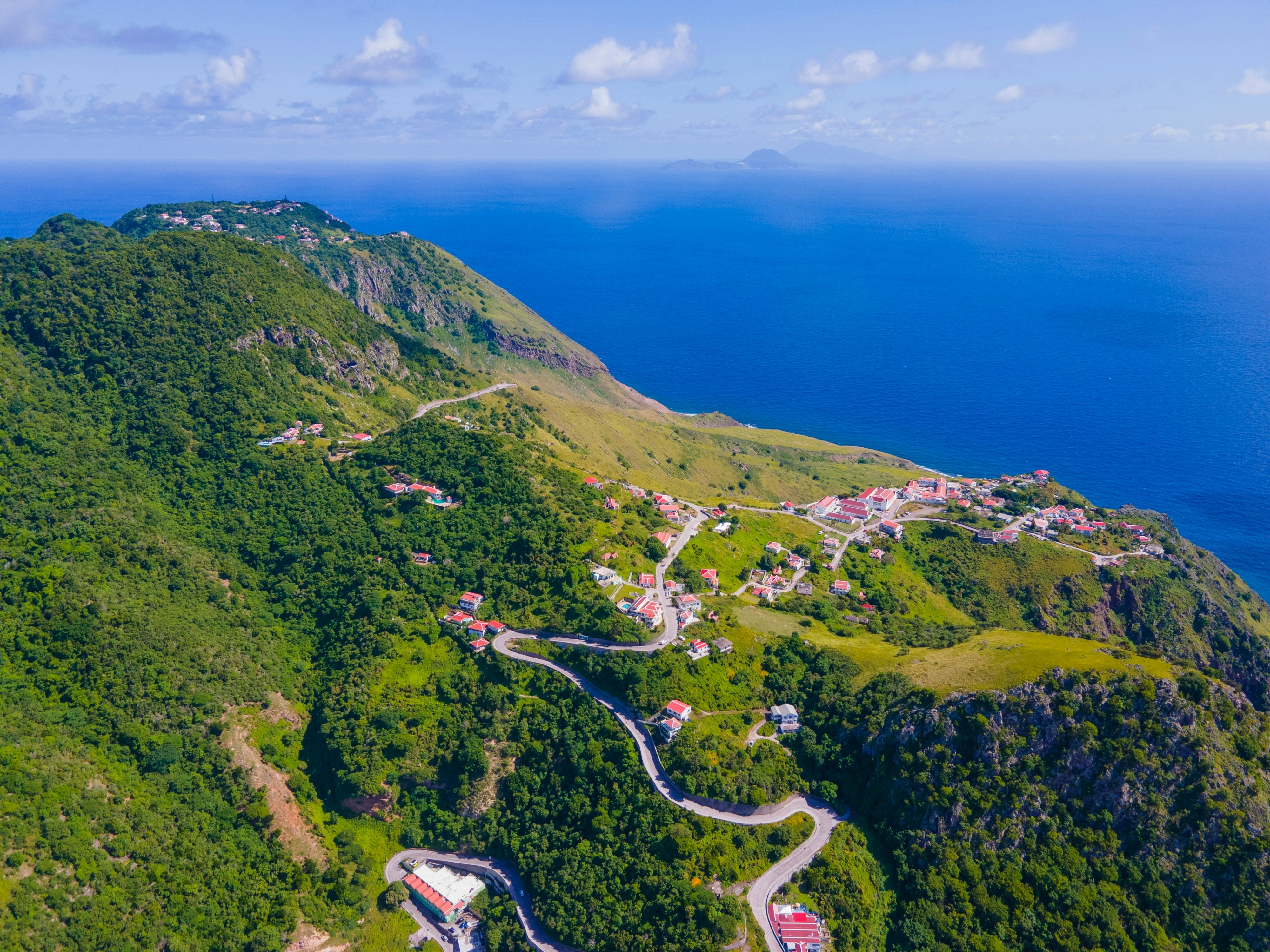 Road to Fort Bay Harbor from The Bottom historic town center aerial view in Saba, Caribbean