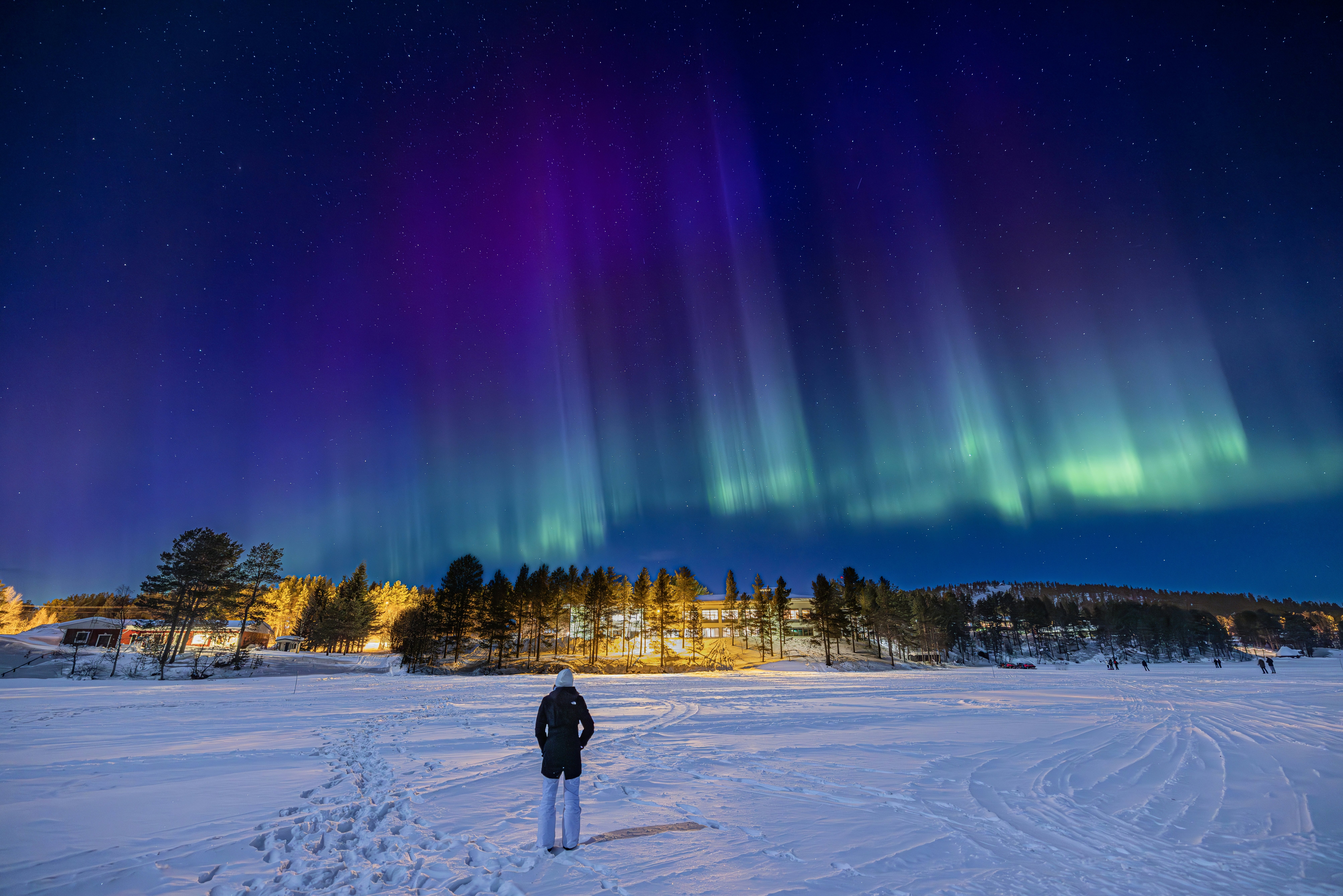 A person stands in a field of snow watching the green streaks of northern lights in Finland.