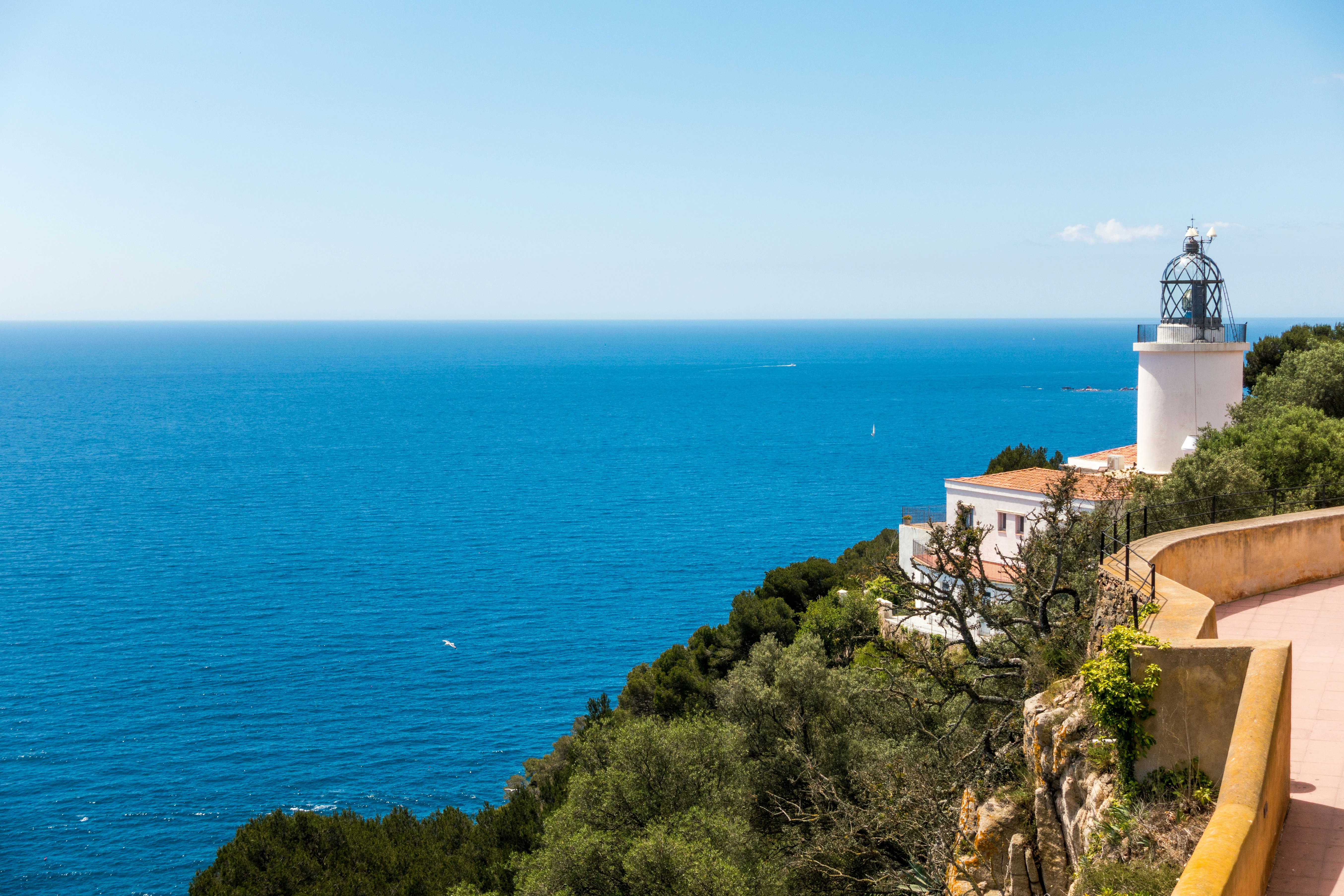 A white lighthouse beside a cliff-top path surrounded by woodland.
