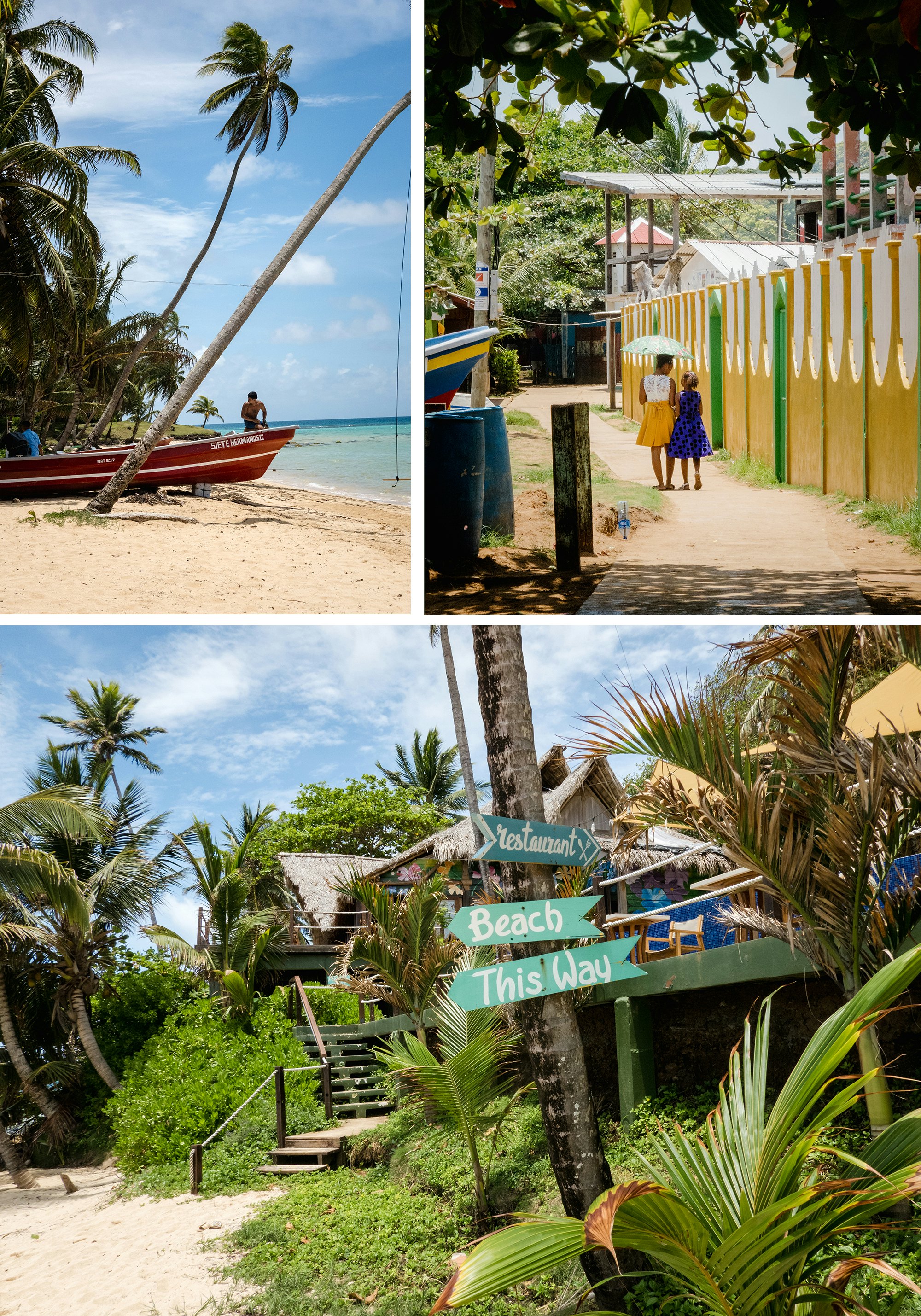 From the top left, in a clockwise direction: A man sat in the bow of a small wooden fishing boat docked on a sandy beach; two girls hold an umbrella above them to shield them from the sun as they stroll along a dusty path; wooden signs attached to a palm tree show the direction to the beach and a hotel restaurant.