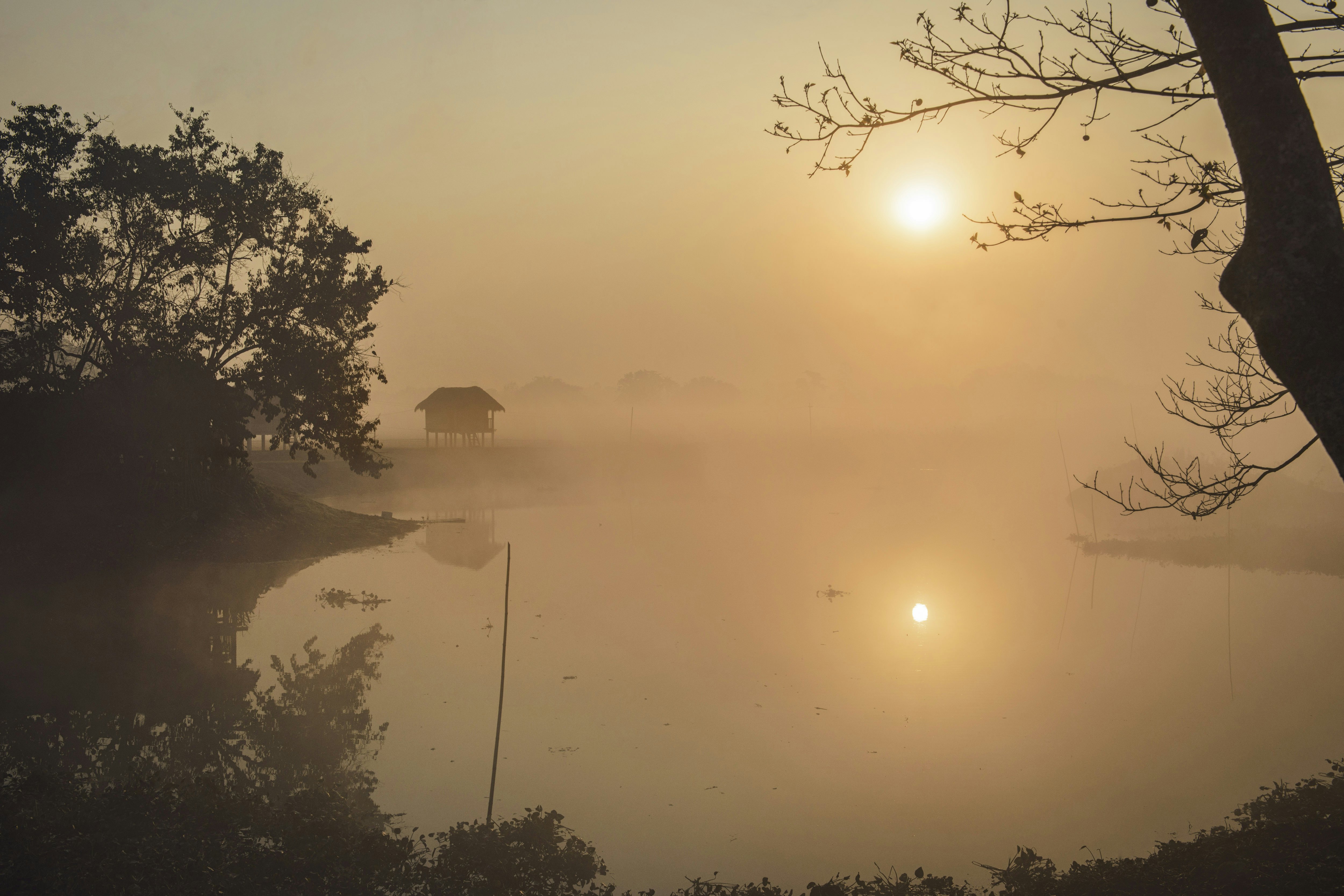 Chang ghar (stilt houses) on the misty banks of the Brahmaputra.