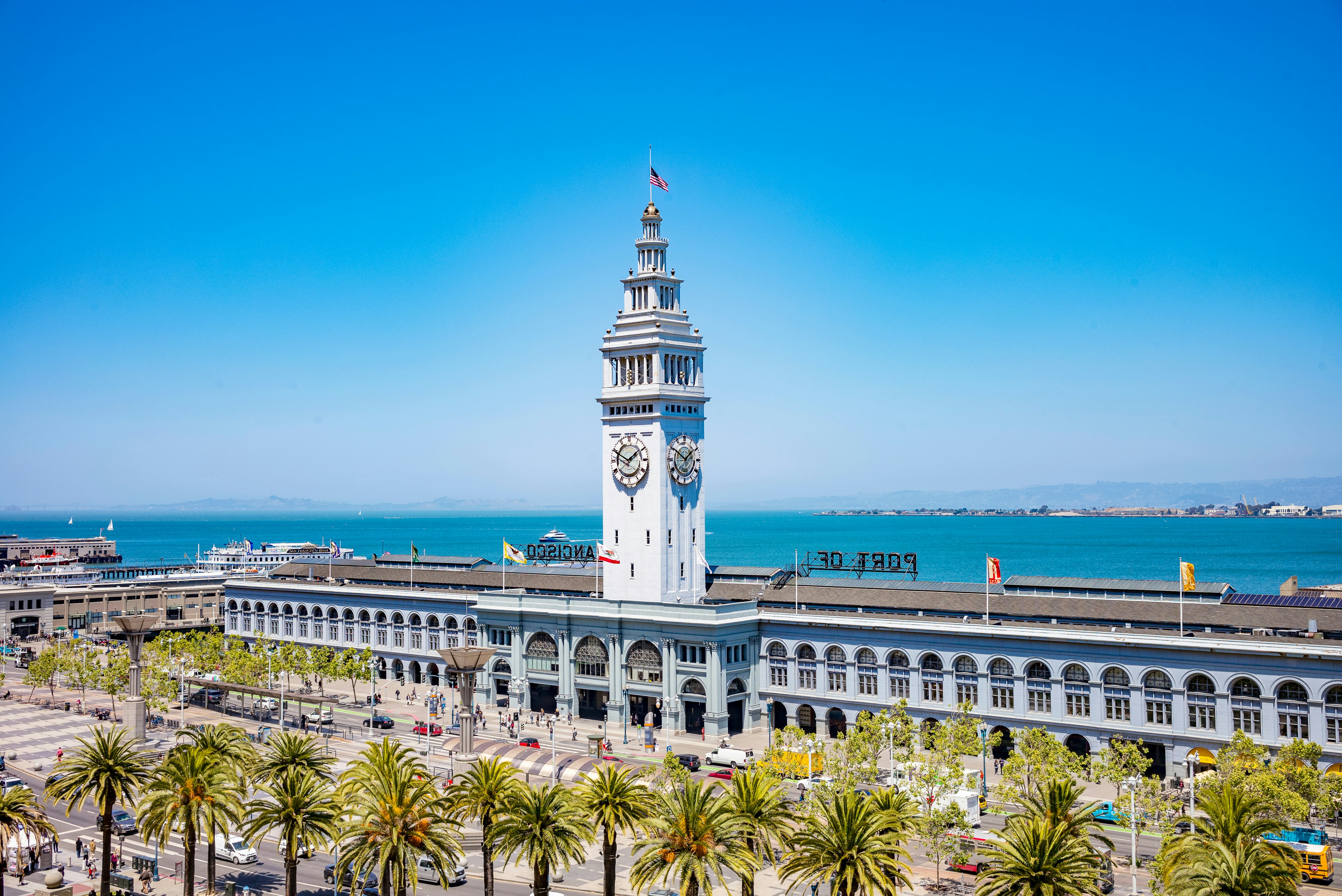 San Francisco Ferry Building, Port of San Francisco, California. Blue Sunny Sky