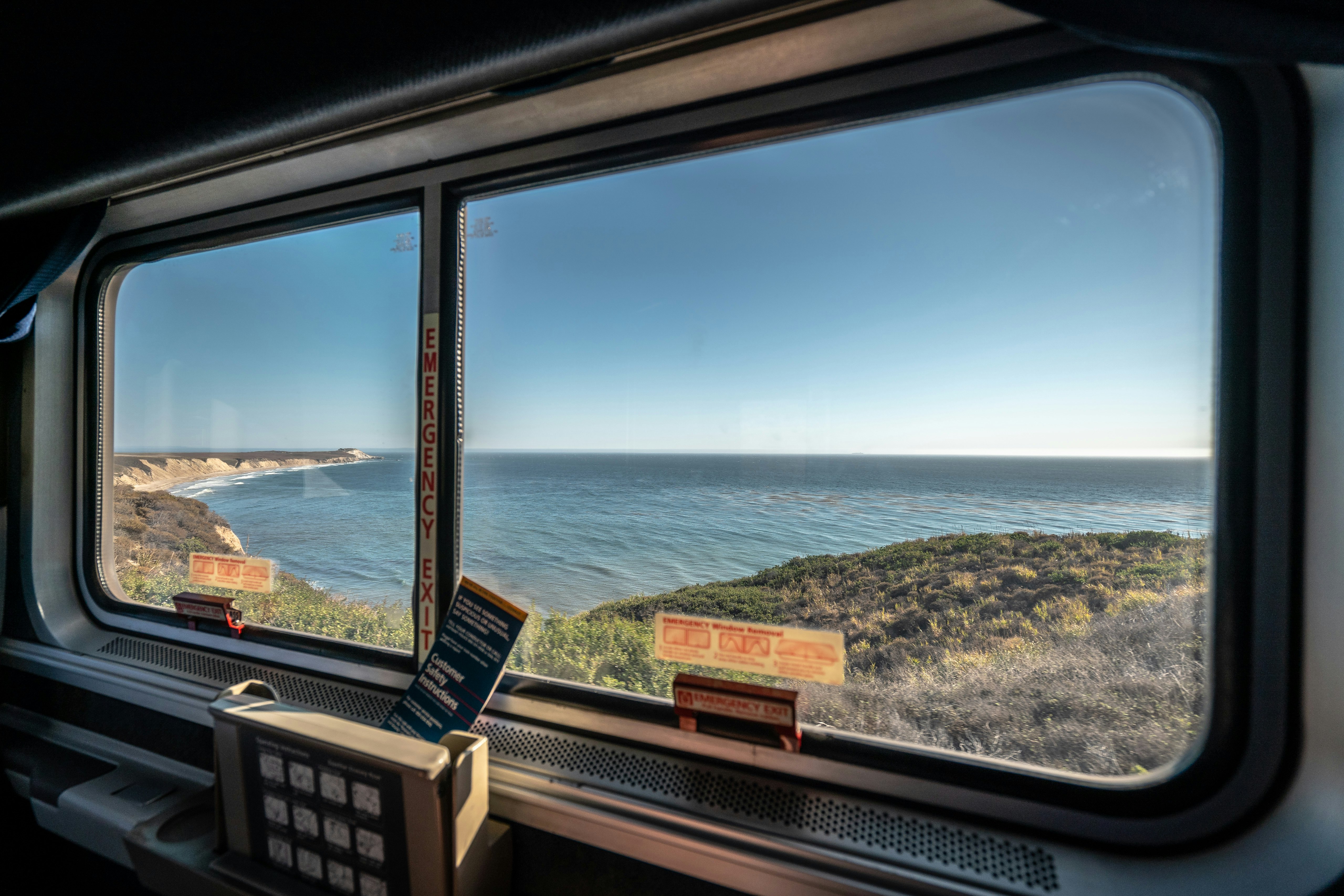 California Coast, USA - Sep 5, 2019: Ocean view from the Coast Starlight Amtrak train