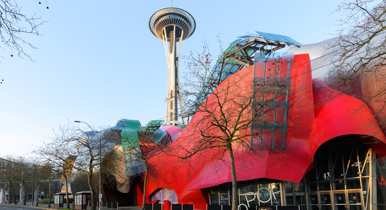 Seattle - February 06, 2022; Modern building housing the Museum of Pop Culture or MoPOP in front of the Seattle Space Needle in morning light License Type: media Download Time: 2024-04-02T06:26:55.000Z User: hannahblackie10 Is Editorial: Yes purchase_order: