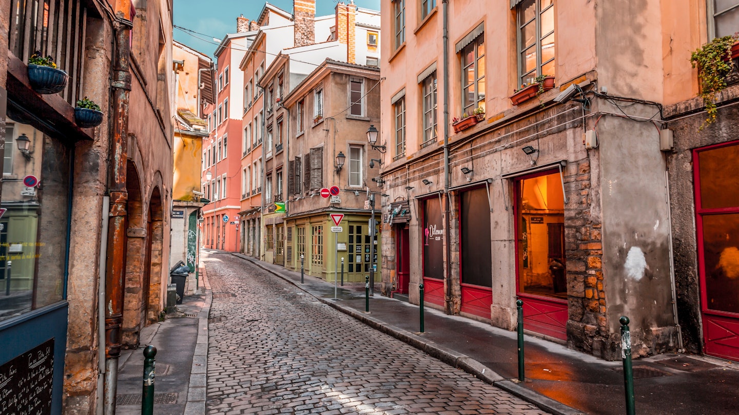 Lyon, France - January 30, 2022: Street view and buildings in the old town of Lyon (Vieux Lyon), France. License Type: media Download Time: 2024-02-02T19:00:33.000Z User: aniabartoszek Is Editorial: Yes purchase_order: