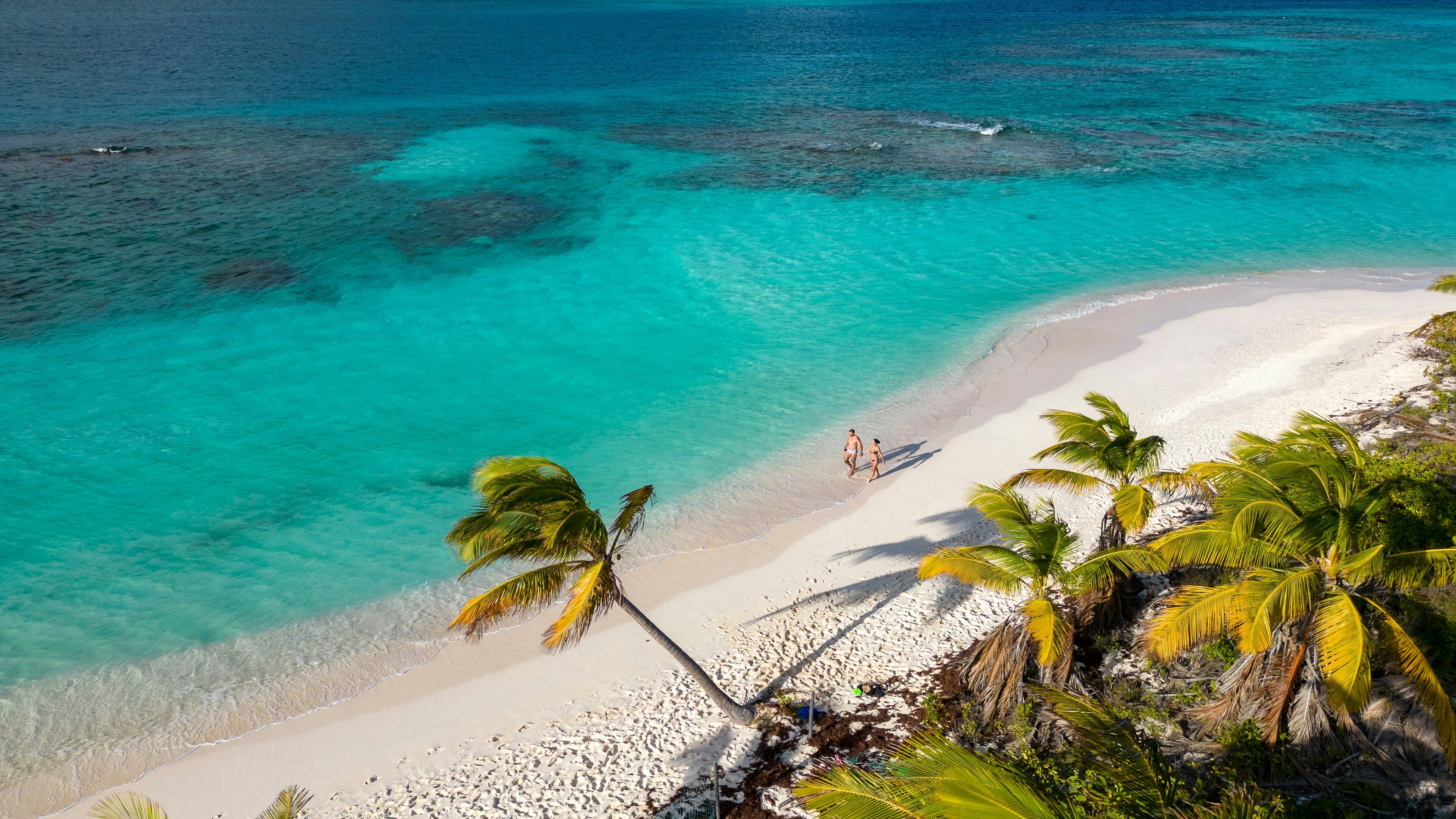 shoal bay east, Anguilla. Couple walking on the beach. Beautiful beach with turquoise sea. Crystalline waters of white sand, with plenty of shade from coconut trees. The best beach in the Caribbean.