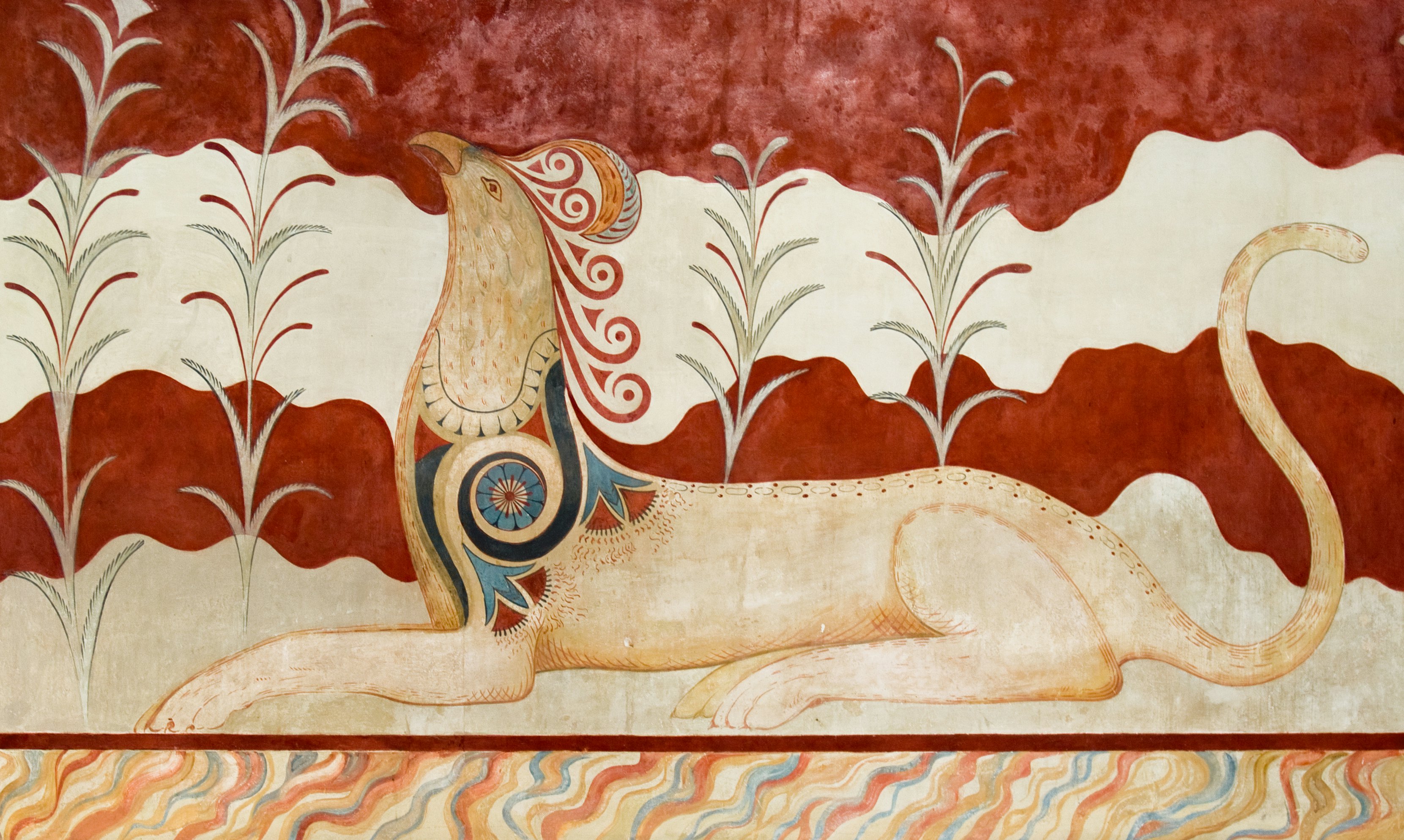 A griffin and palms painted on a fresco at an ancient palace