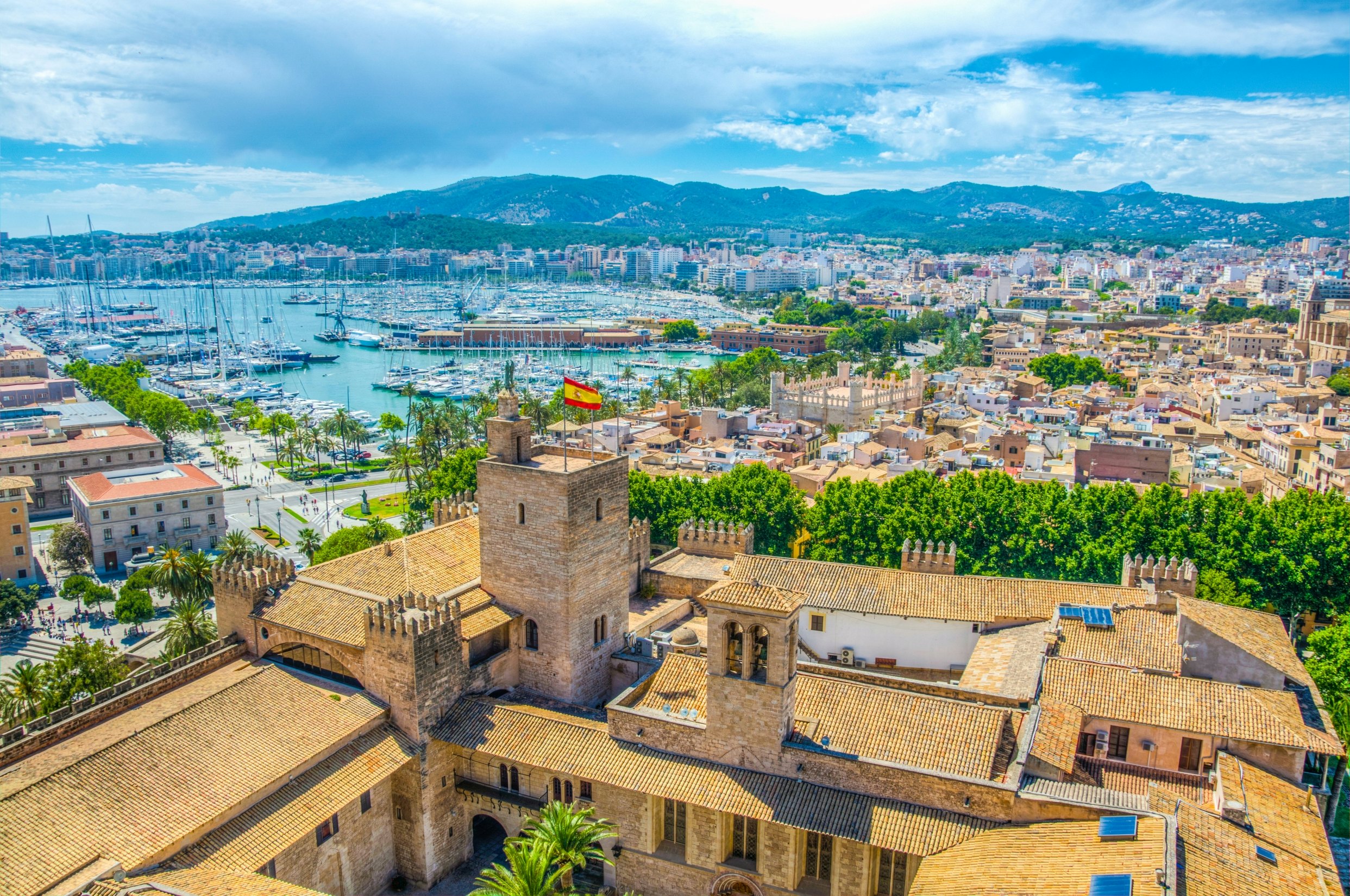A view from above of the tiled roof of a historic palace, and other buildings and the port of a city beyond.