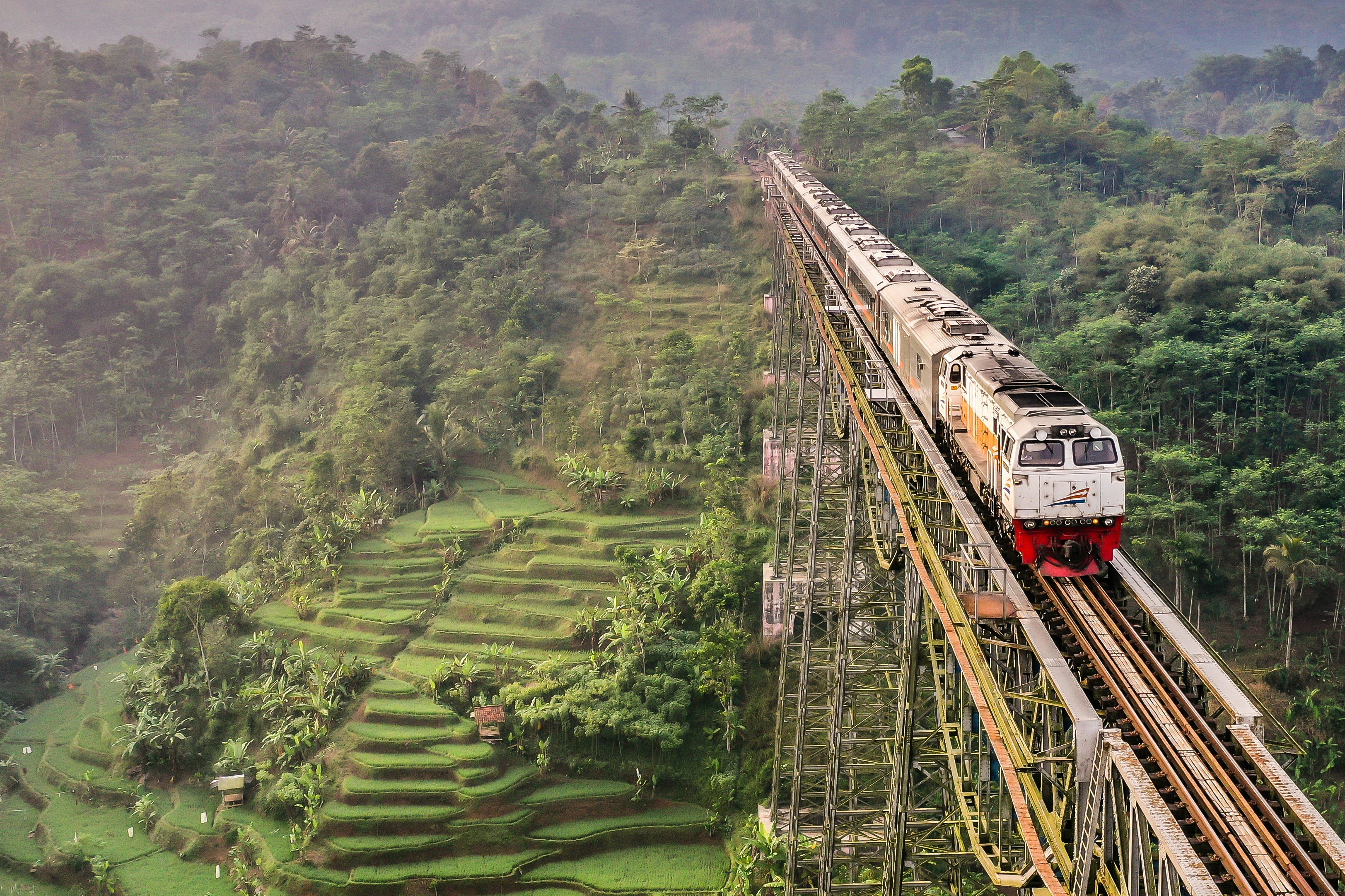A train crosses the Cikubang Bridge in West Java, Indonesia.