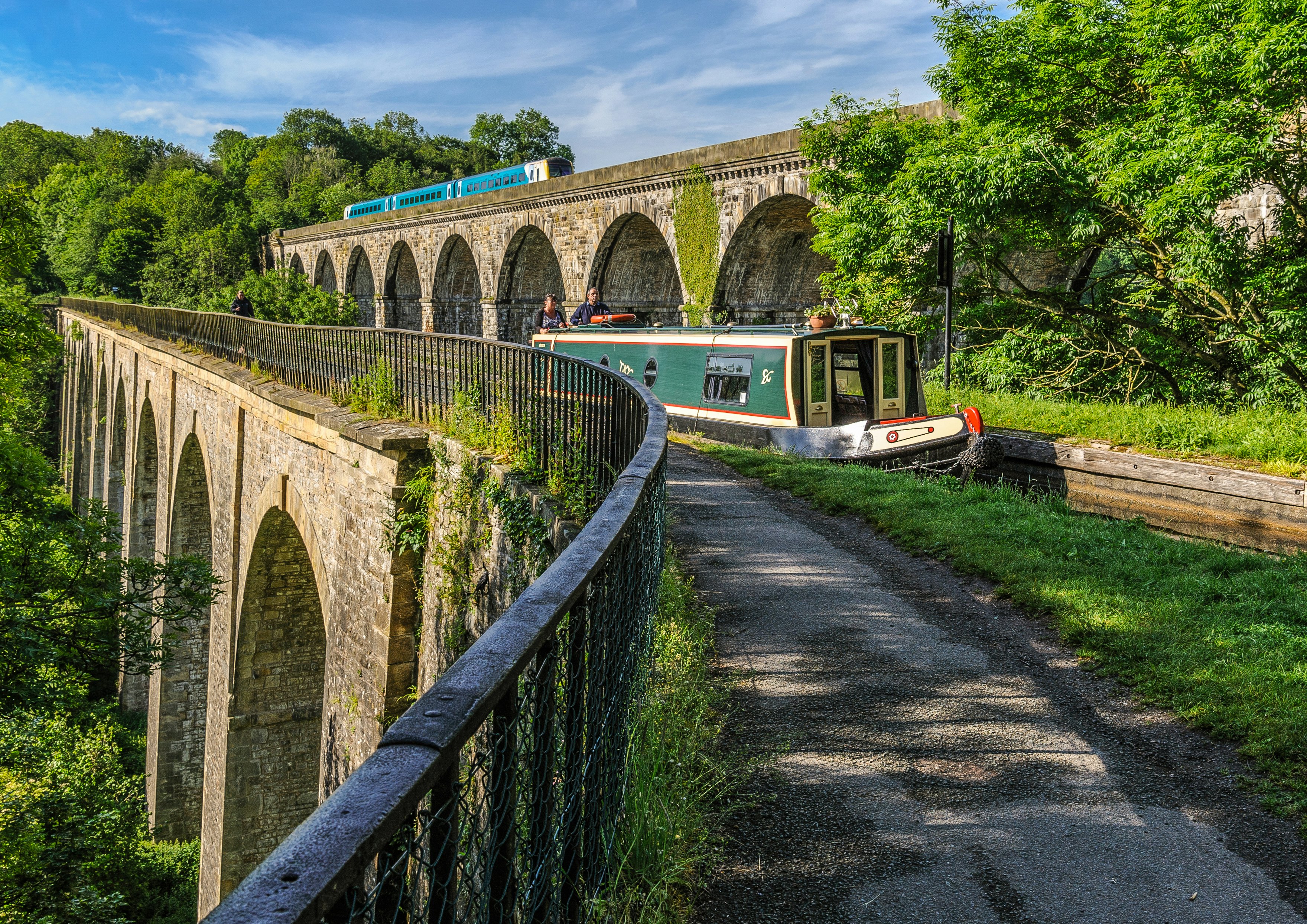 Narrowboat on the canal aqueduct at Chirk near Llangollen in Wales.