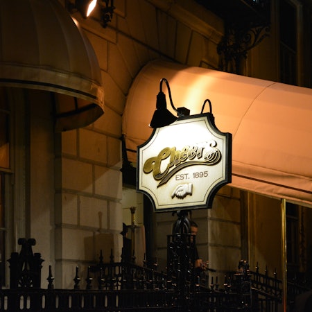 night time photo of the famous Cheers bar on Beacon street. Close up of the sign