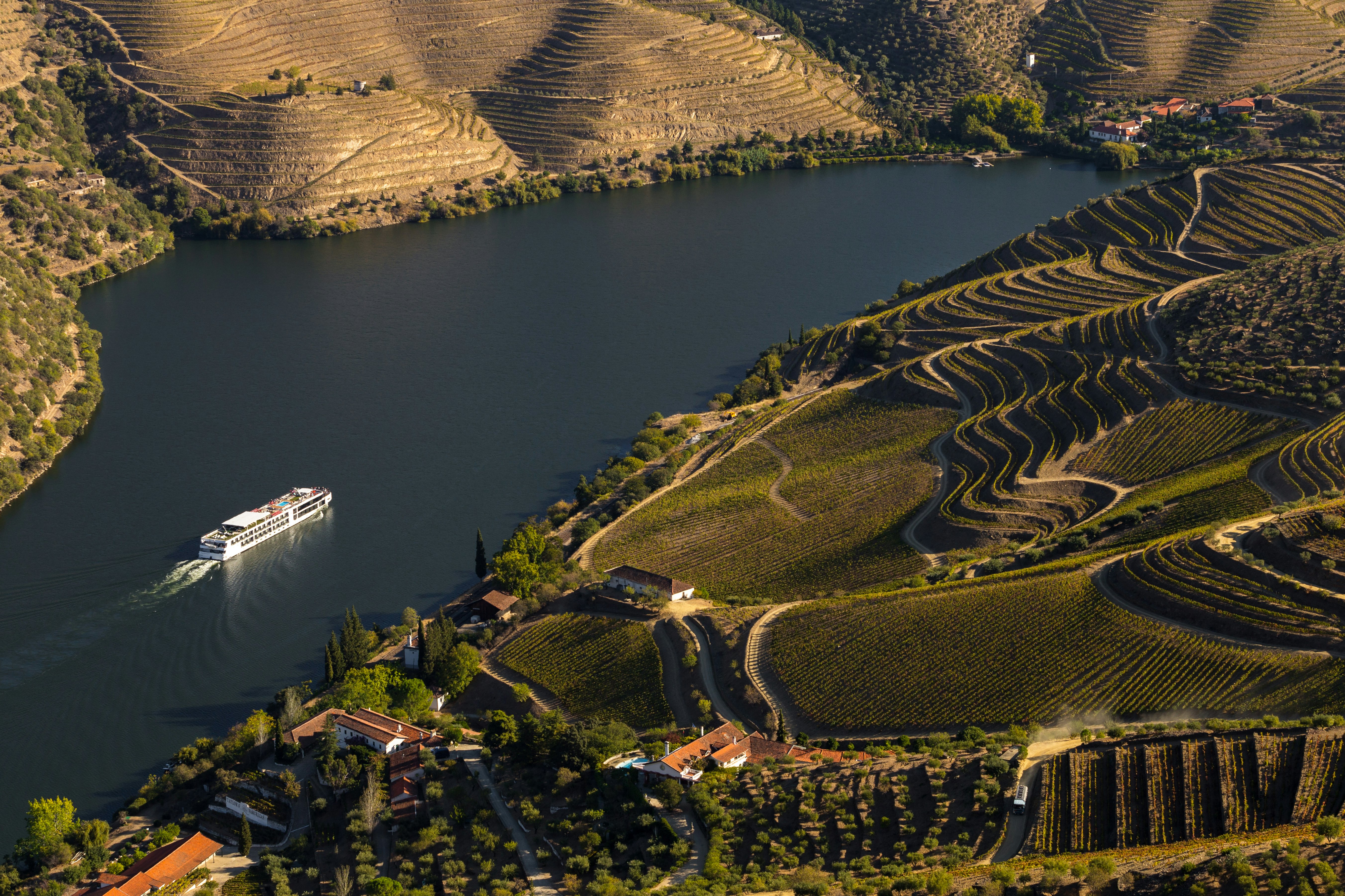 An aerial view of a white riverboat cruise ship on a river with terraced vineyards leading down to the water.
