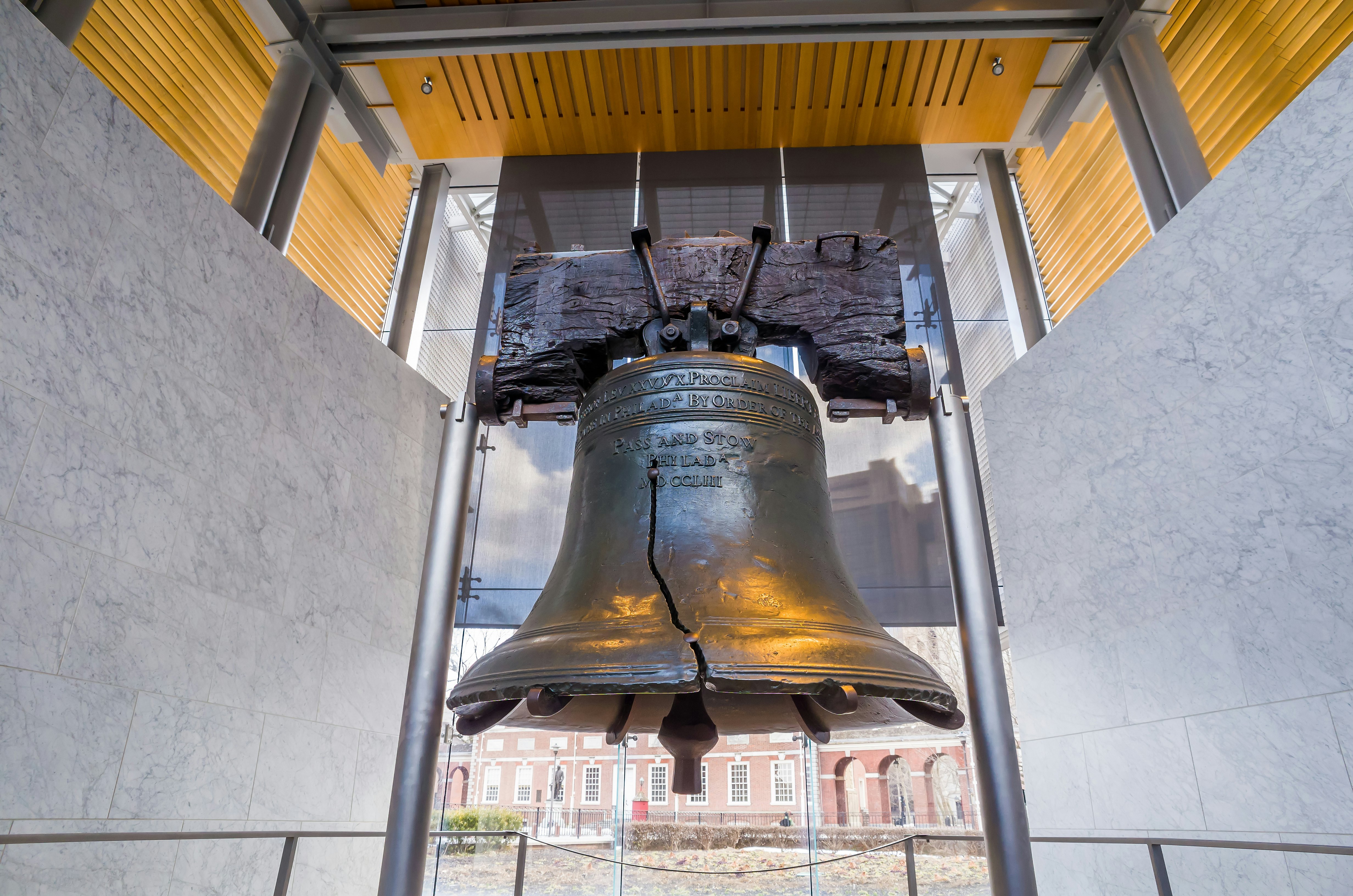 Liberty Bell old symbol of American freedom in Independence Mall building in Philadelphia Pennsylvania,