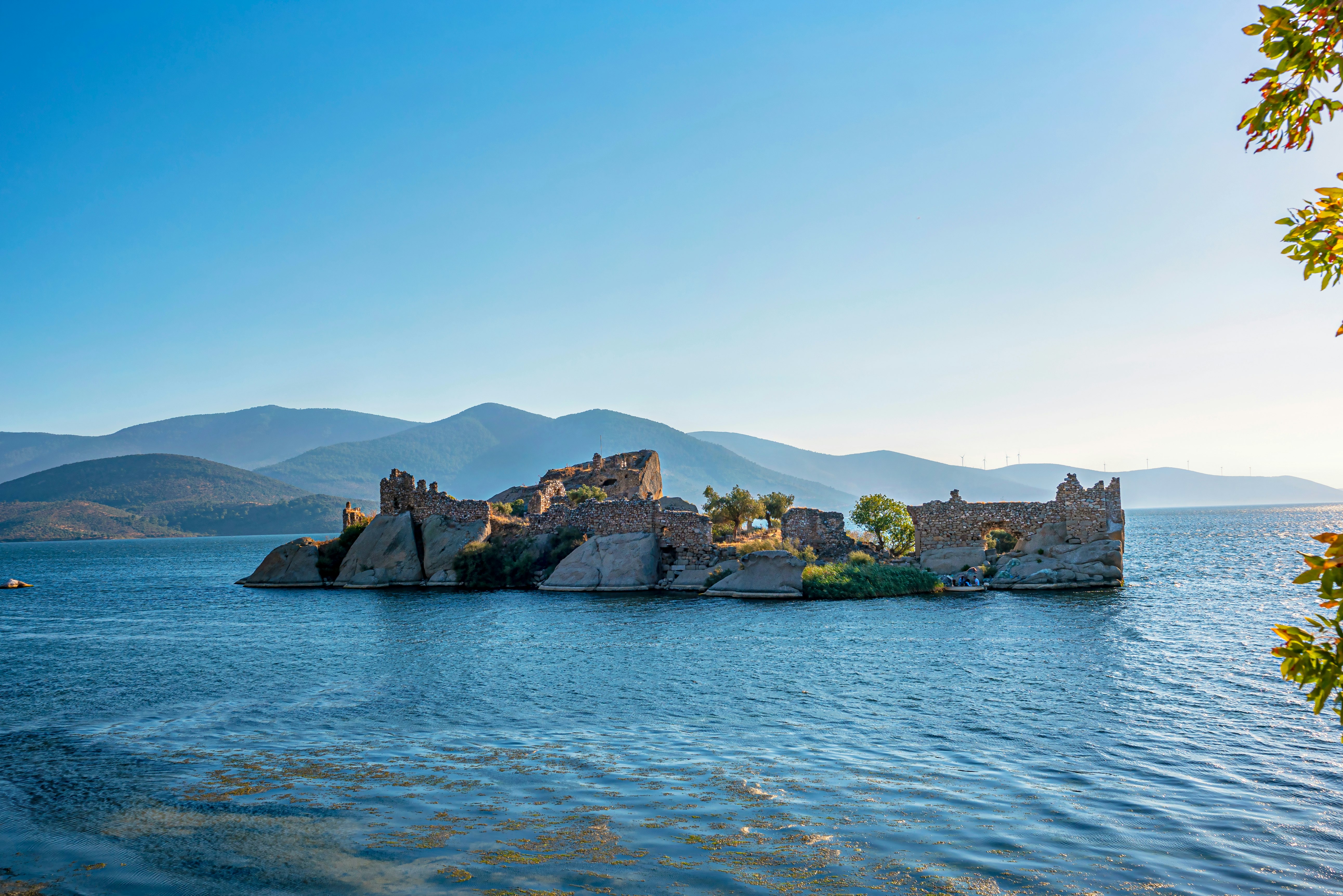 A peaceful view of Bafa Lake, featuring the ruins of Herakleia