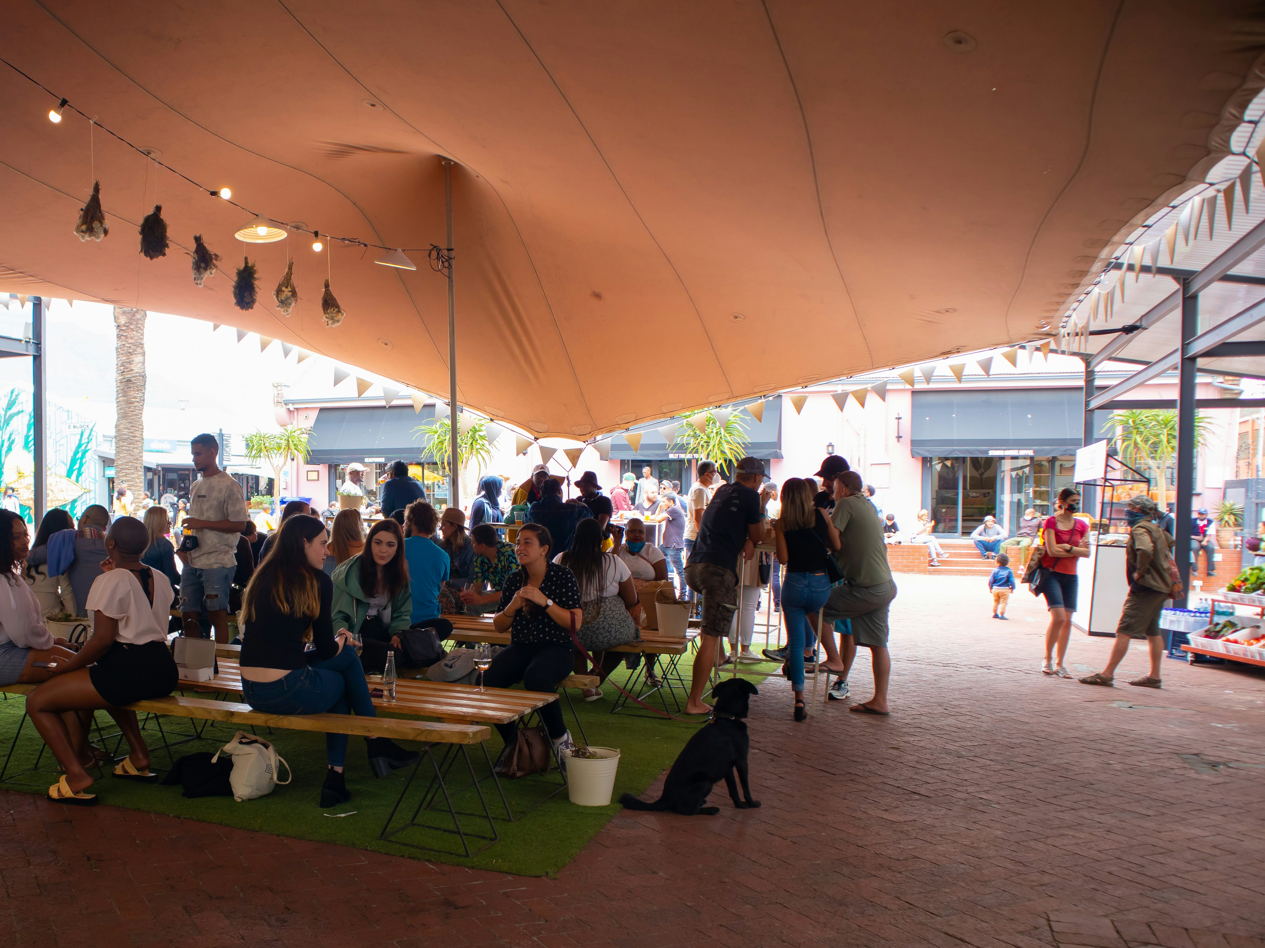 people under a tent sitting on low wooden benches enjoying drinks.
