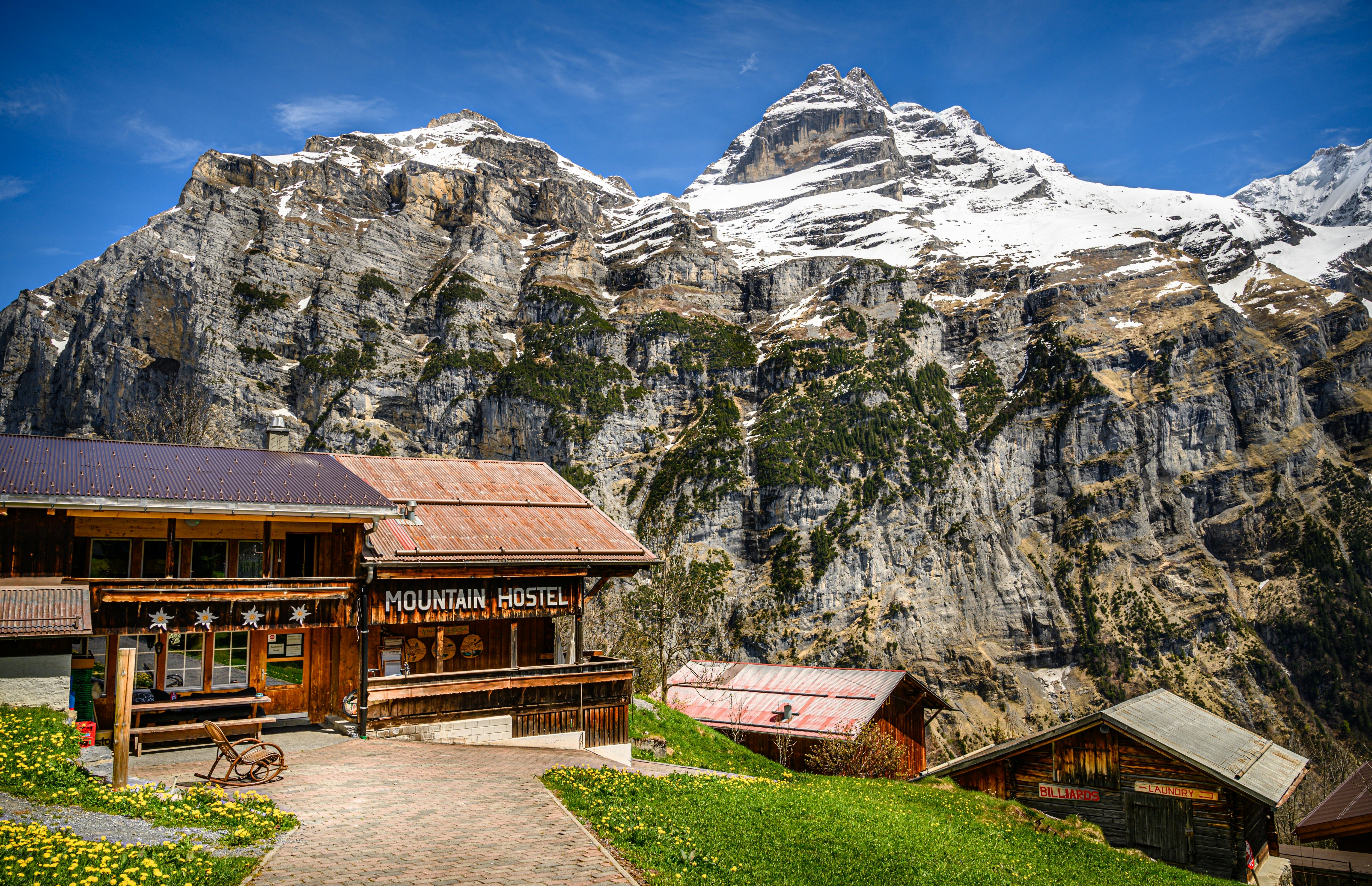 Mountain Hostel in Gimmelwald, Switzerland. Alps in the background