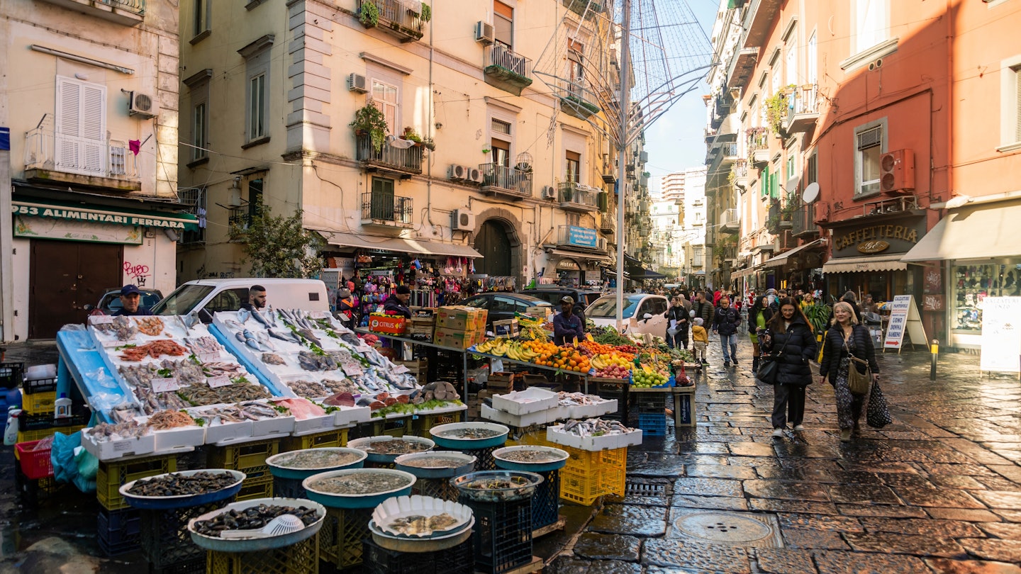 Naples, Italy - December 4, 2022: famous market at Pignasecca district in the heart of the city of Naples historic center, License Type: media, Download Time: 2025-05-15T19:53:24.000Z, User: bhealy950, Editorial: true, purchase_order: 65050 - Digital Destinations and Articles, job: Lonely Planet Online Editorial, client: Free things in Naples, other: Brian Healy