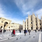 Milan Italy - Jan 22 2024: People walk in the Piazza del Duomo in front of the Duomo di Milano, the catholic cathedral in the city in Italy., License Type: media, Download Time: 2024-12-16T19:01:07.000Z, User: comptonsheldon109, Editorial: true, purchase_order: 56530 - Guidebooks, job: Global Publishing WIP, client: Italian Lakes 4, other: Compton Sheldon