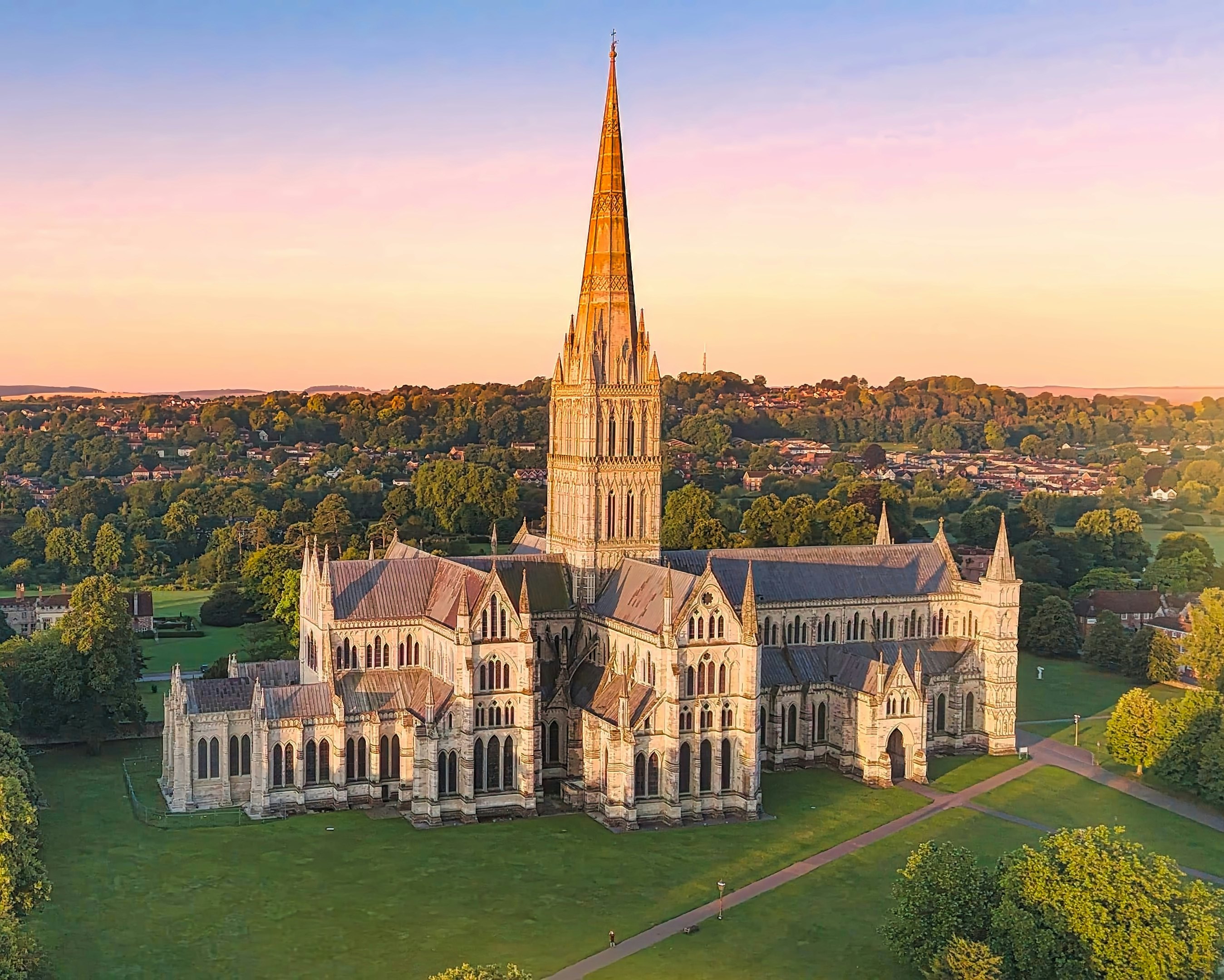 Salisbury Cathedral viewed from above during the golden hour, Salisbury, England.