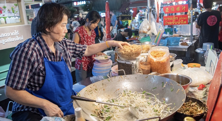 OK Pad Thai Restaurant at Night Streetmarket on Yaowarat Road in Chinatown in City of Bangkok in Thailand. Thailand, Bangkok