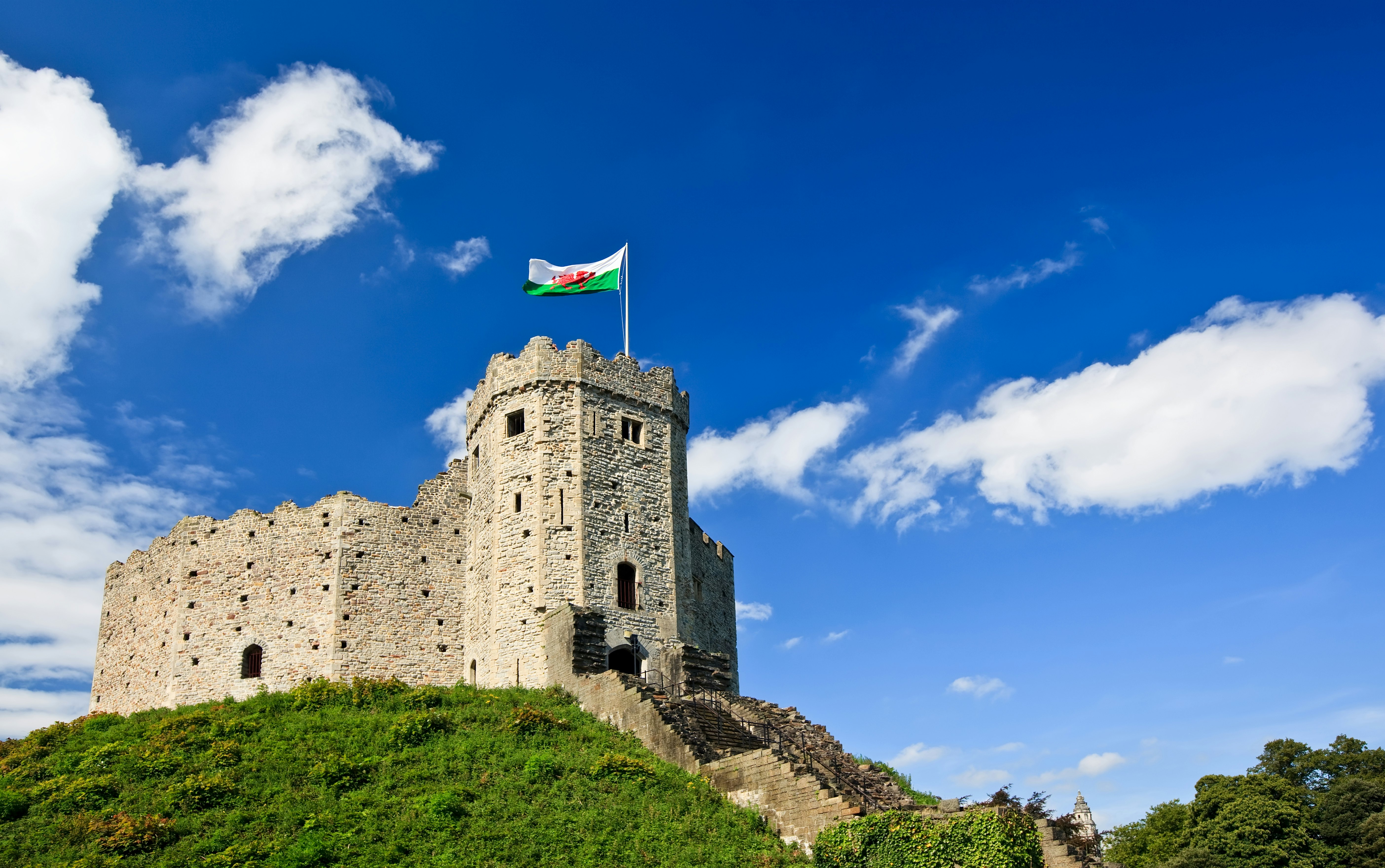 View of the Norman shell keep at Cardiff Castle in Cardiff, Wales.