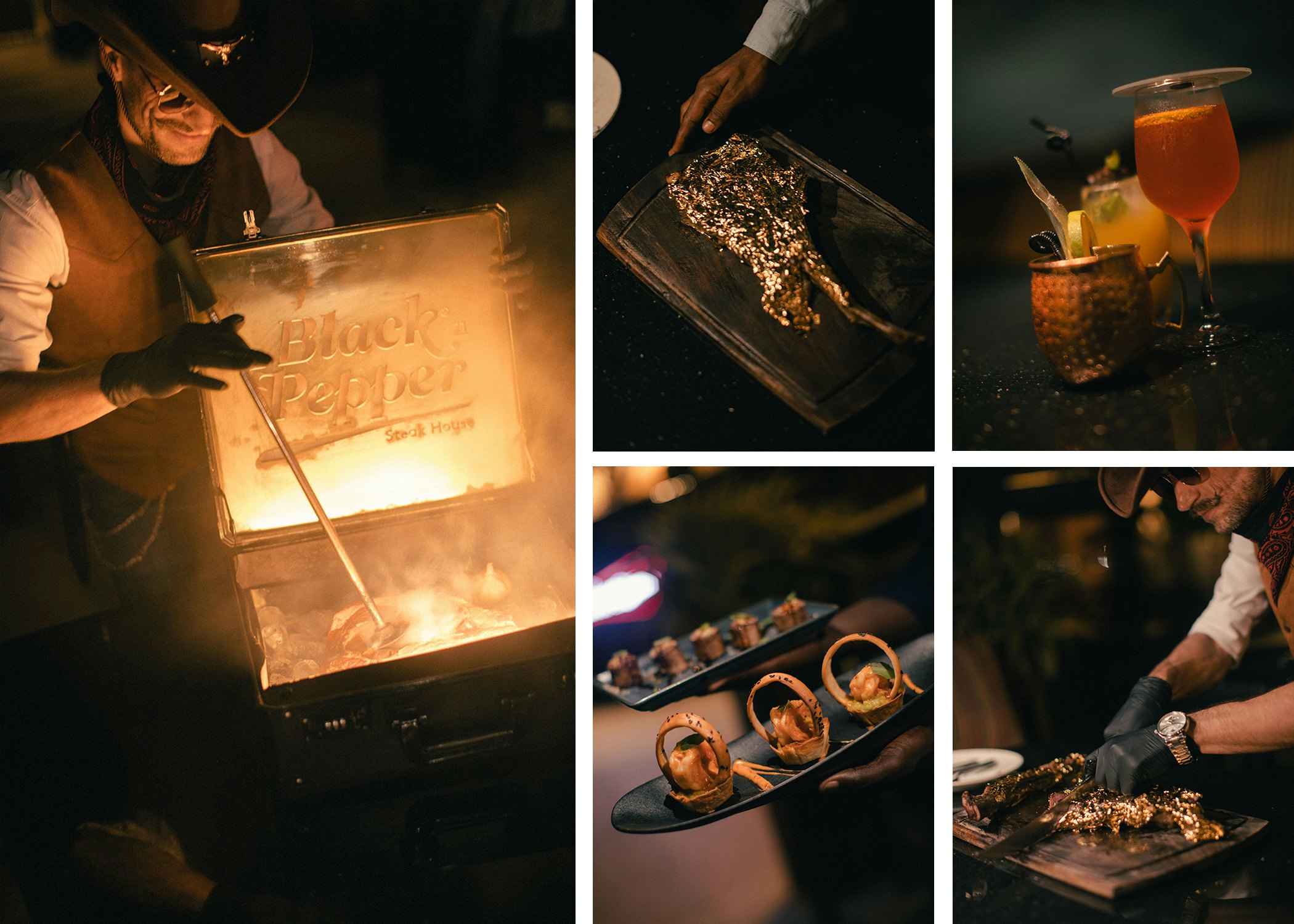 A collage of scenes from a dimly lit, stylish steakhouse, including a steak covered in gold leaf.