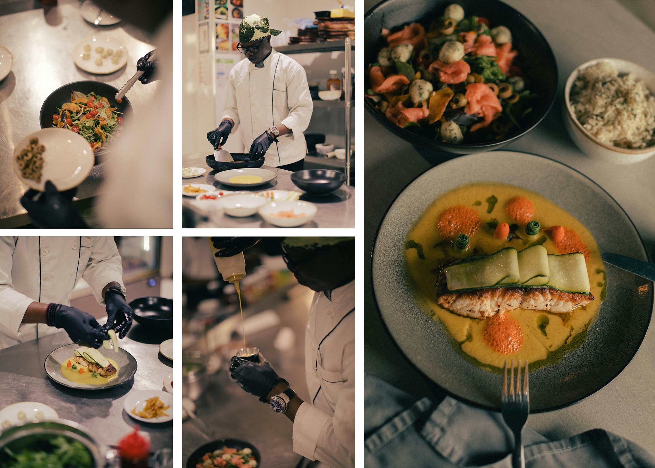 A collage of details of a chef preparing and plating a fish dish in a restaurant.