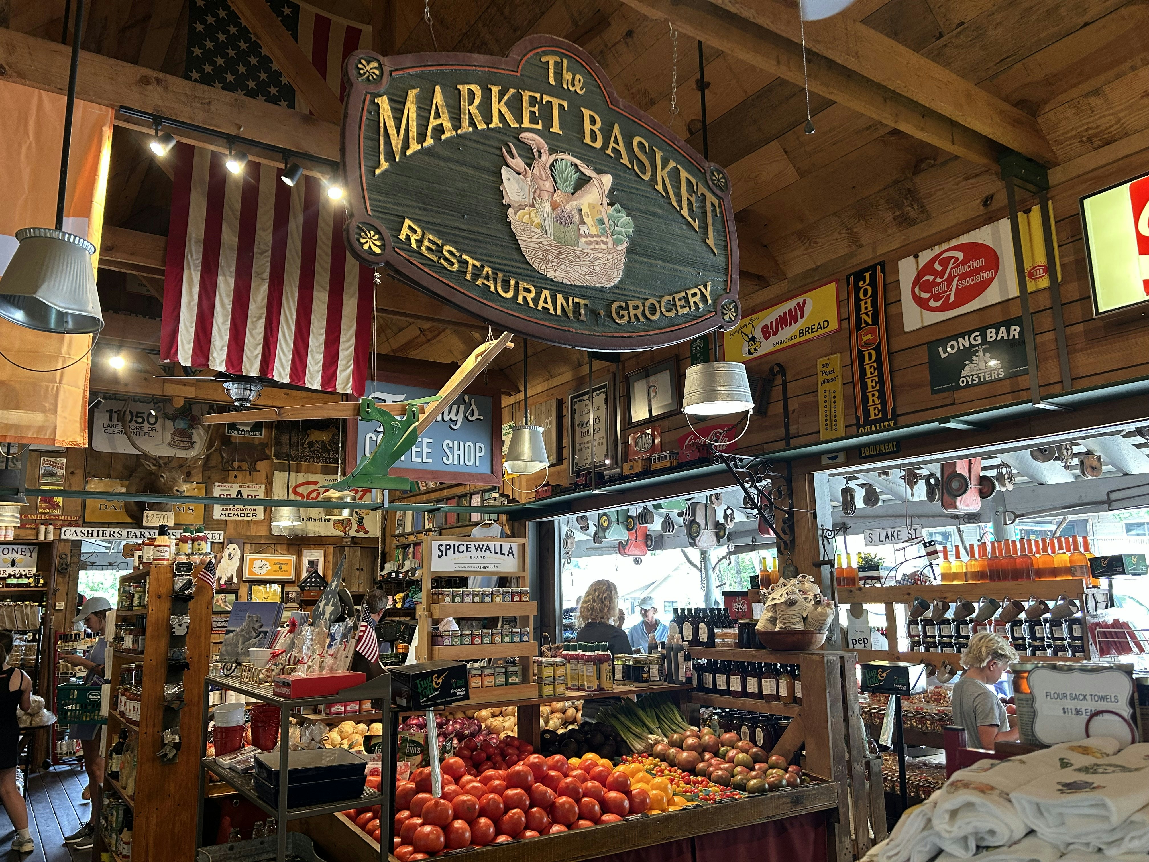 Shelves of produce and other goods at Cashiers Farmers Market in Cashiers, North Carolina