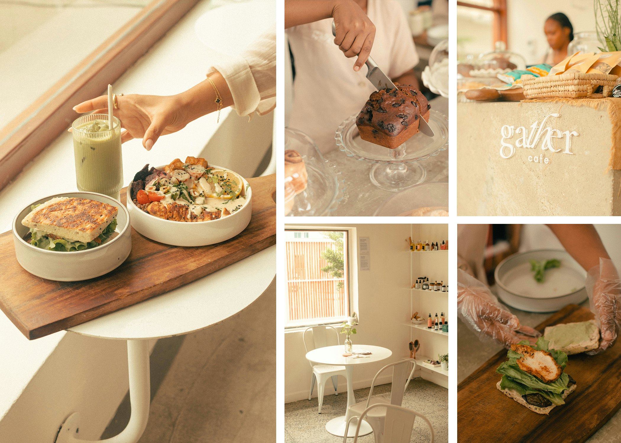 A collage of details from a chic cafe, including sandwiches on a plate, a chef working behind a counter and the all-white dining area.