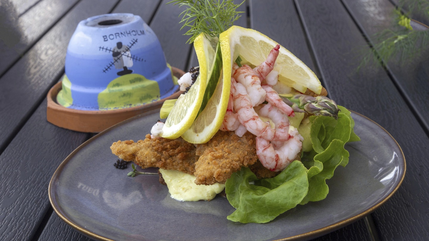 Smörrebröd with shrimps and fish fillet, Baltic Sea island of Bornholm, Denmark, Europe