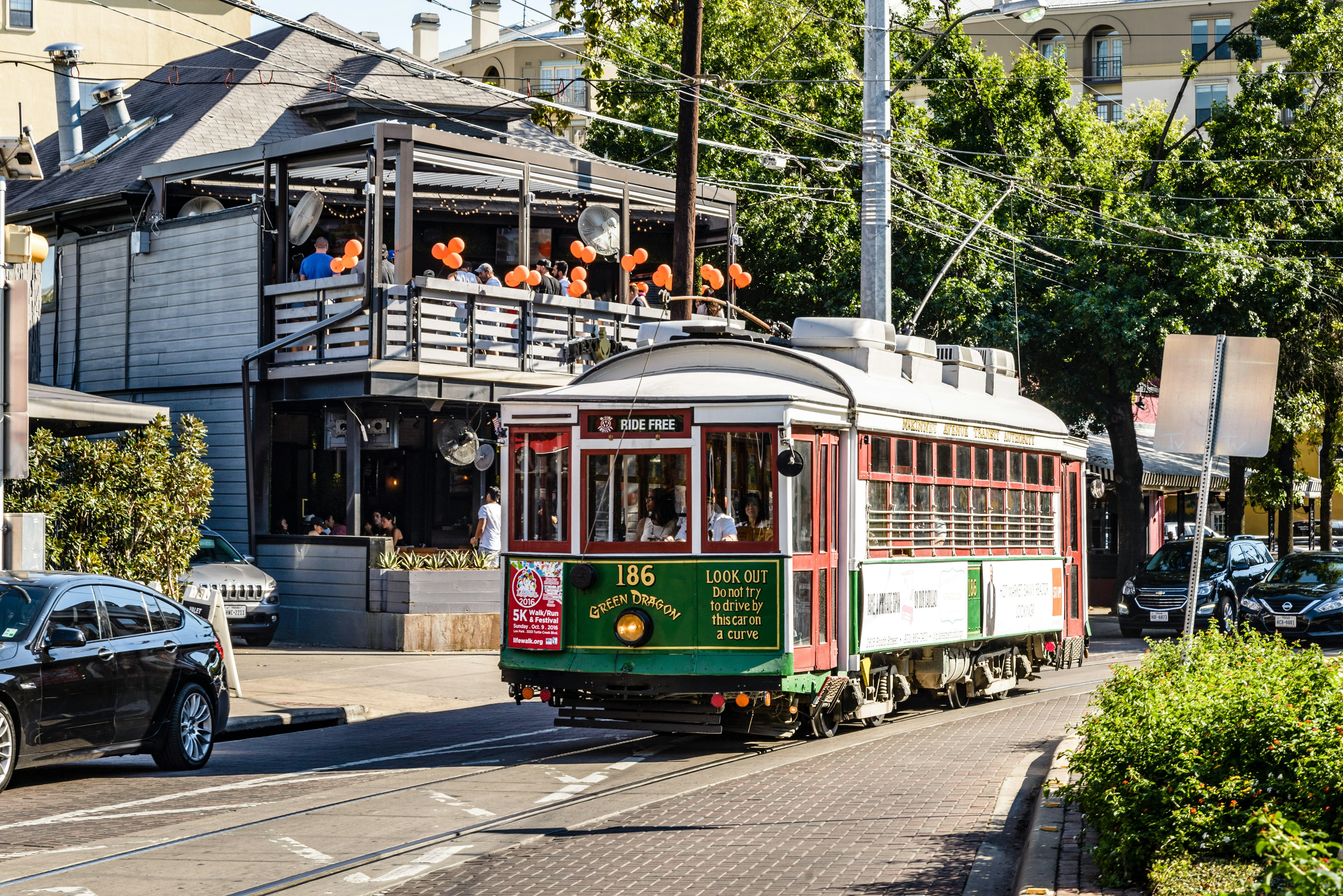 Green Dragon M-Lines vintage trolley, McKinney Avenue, Dallas, Texas.
