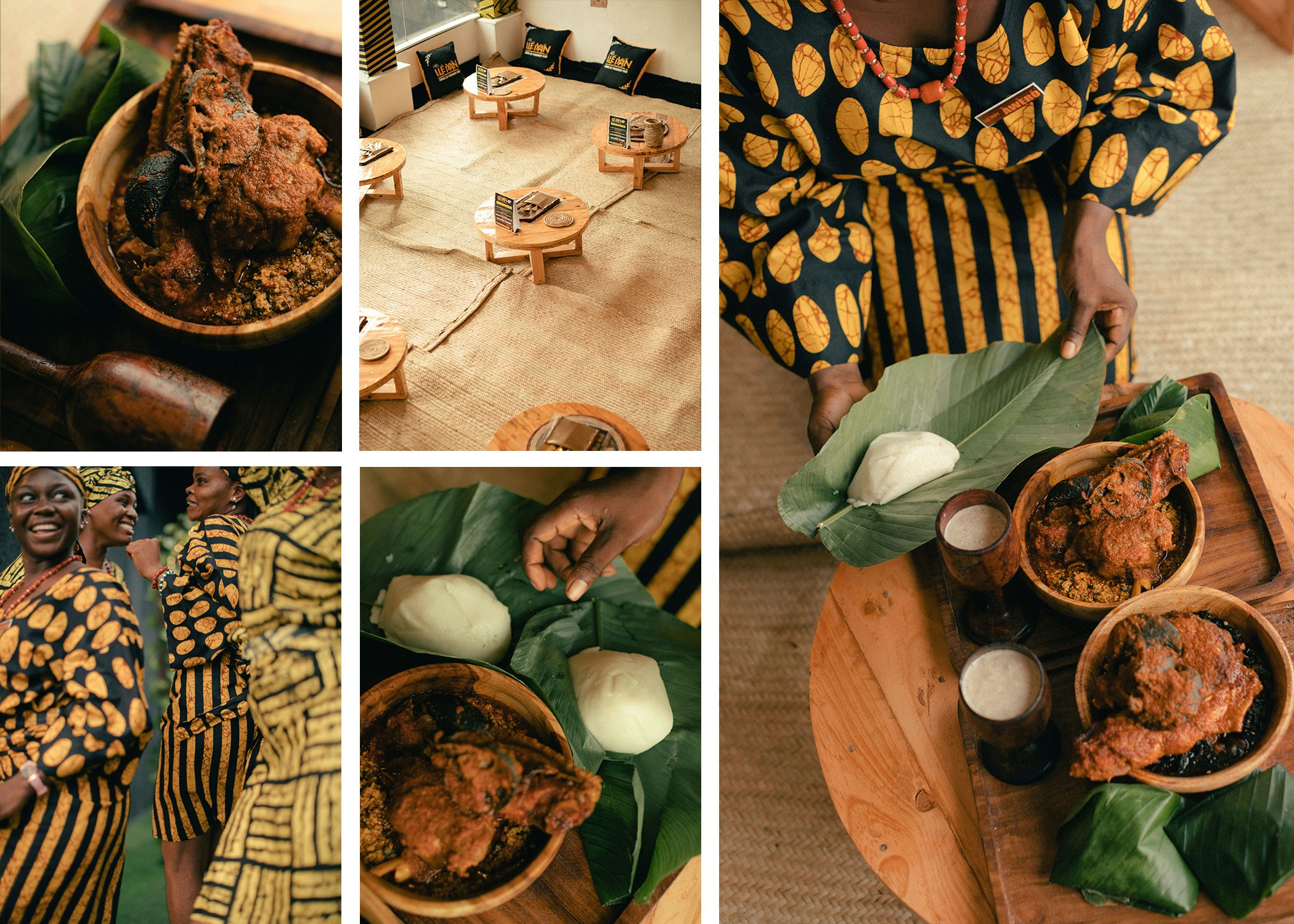 A collage of details from a restaurant that celebrates Nigerian culture in a refined setting, including dishes of traditional stew on banana leaves, table settings, and women dancing.
