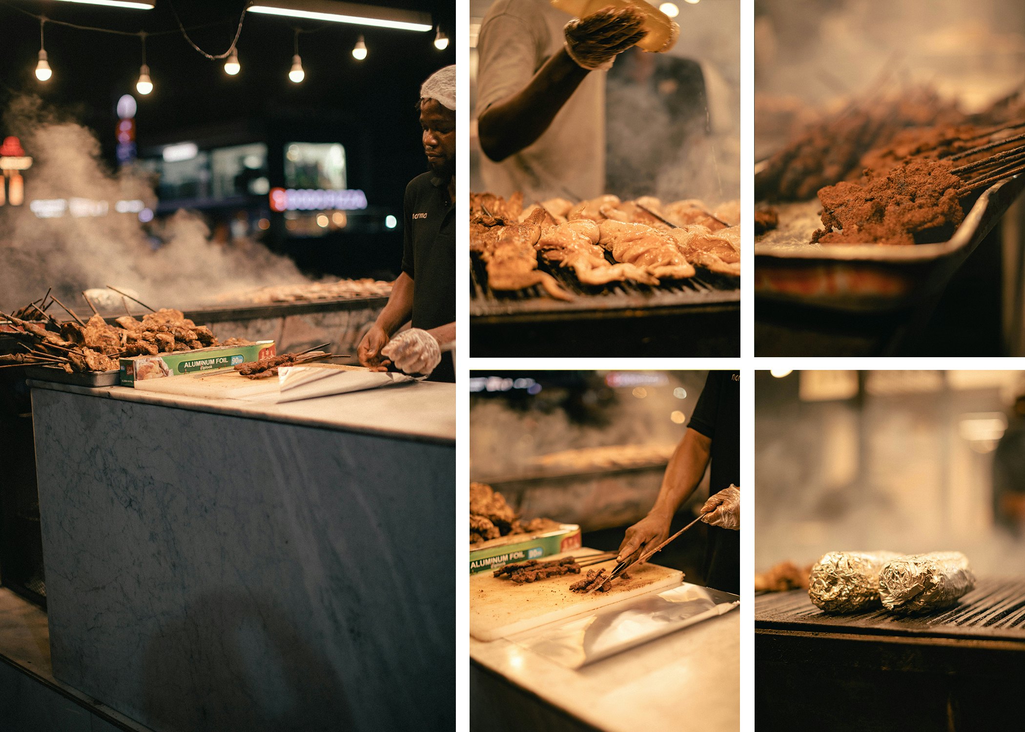 A collage of details of chefs in a restaurant kitchen grilling and preparing meat skewers.