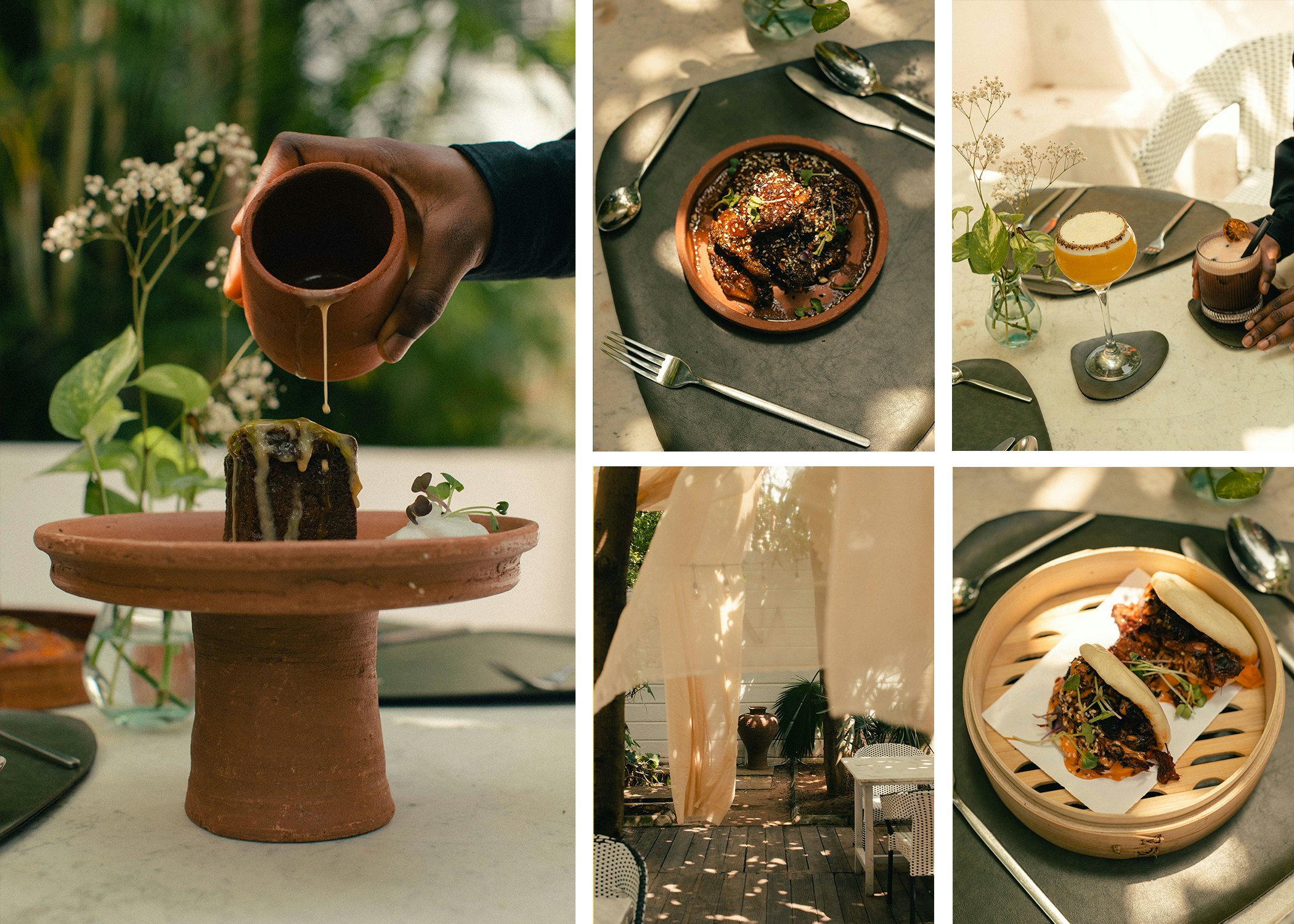 A collage of beautifully composed images from a high-end restaurant, including shots of food, cocktails and an elegant outdoor dining area.