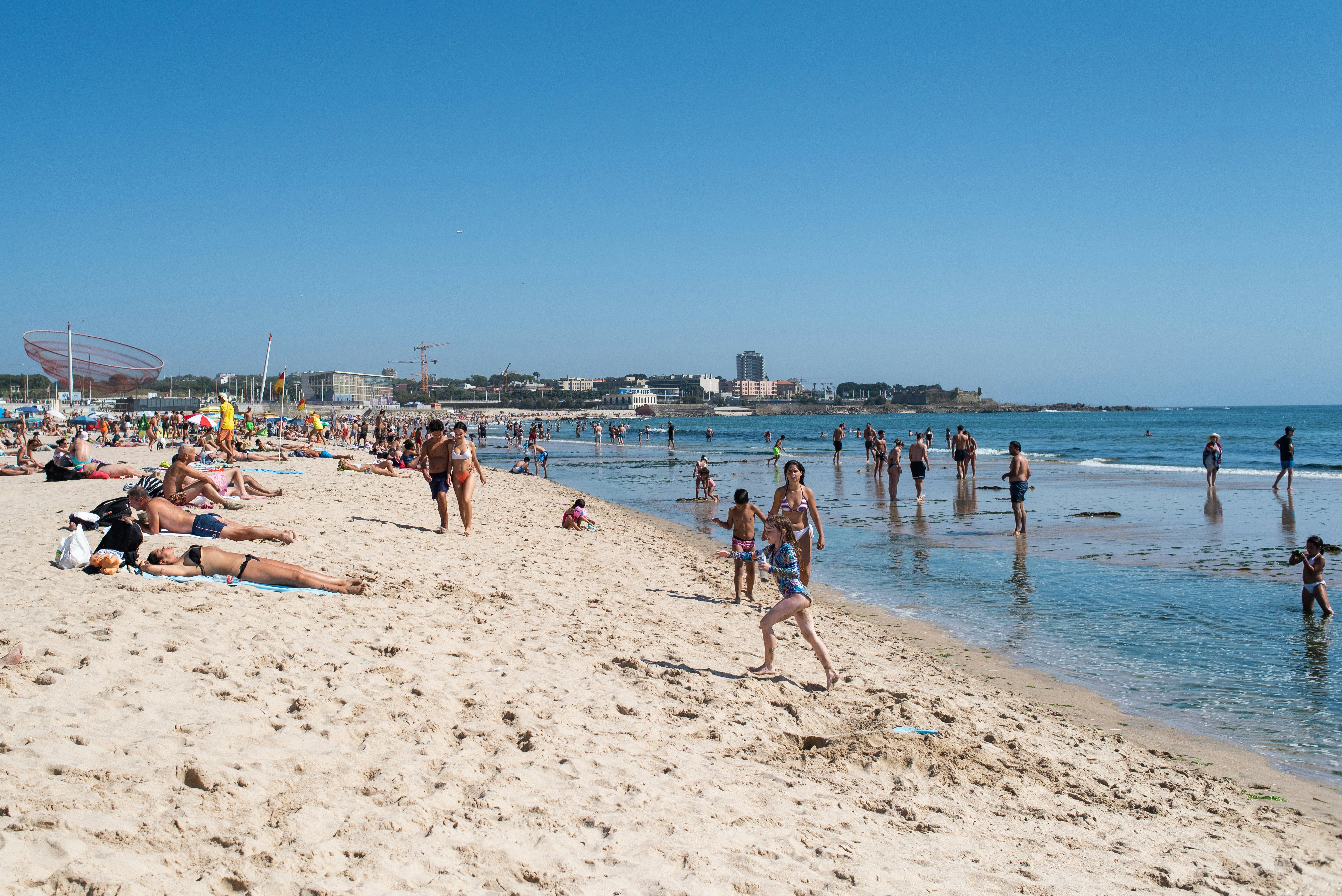 Beachgoers on the sand and in the ocean with city buildings in the distance on a sunny day.